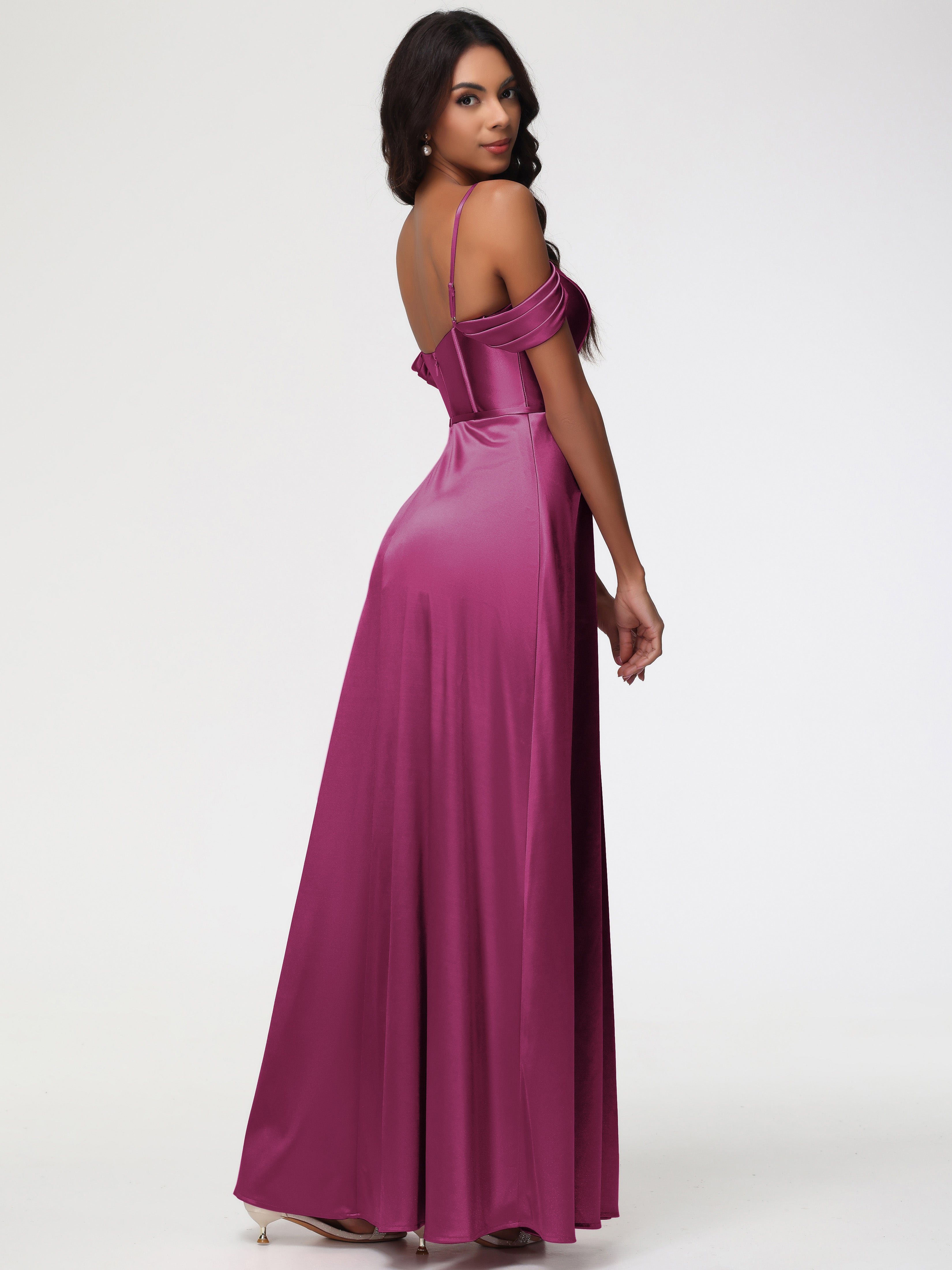 Robe Demoiselle D Honneur Fuchsia Satin Extensible Robe Demoiselle D Honneur Épaule Dénudée