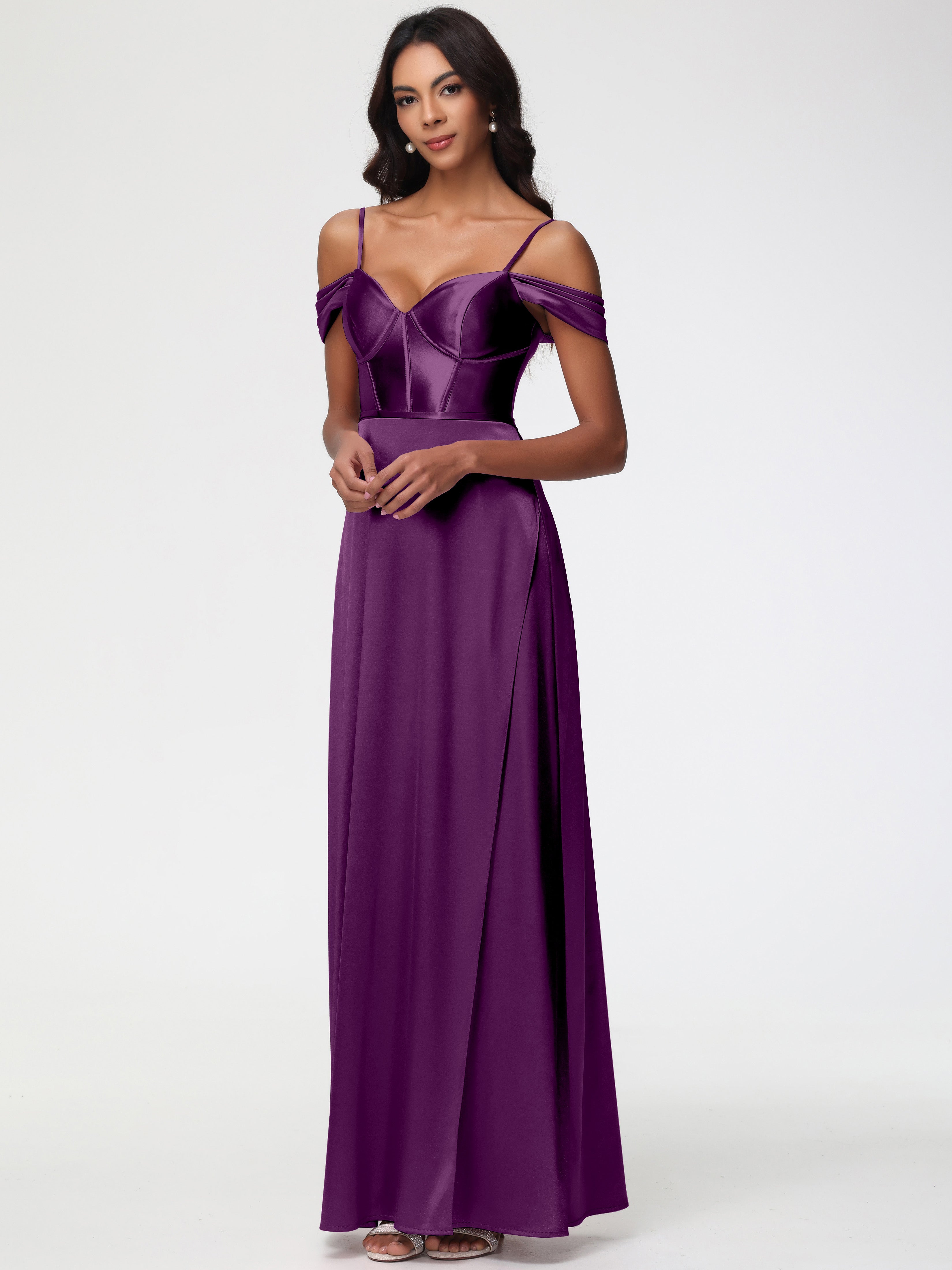 Robes De Demoiselle D'Honneur En Raisin Satin Extensible Robe Demoiselle D Honneur Épaule Dénudée