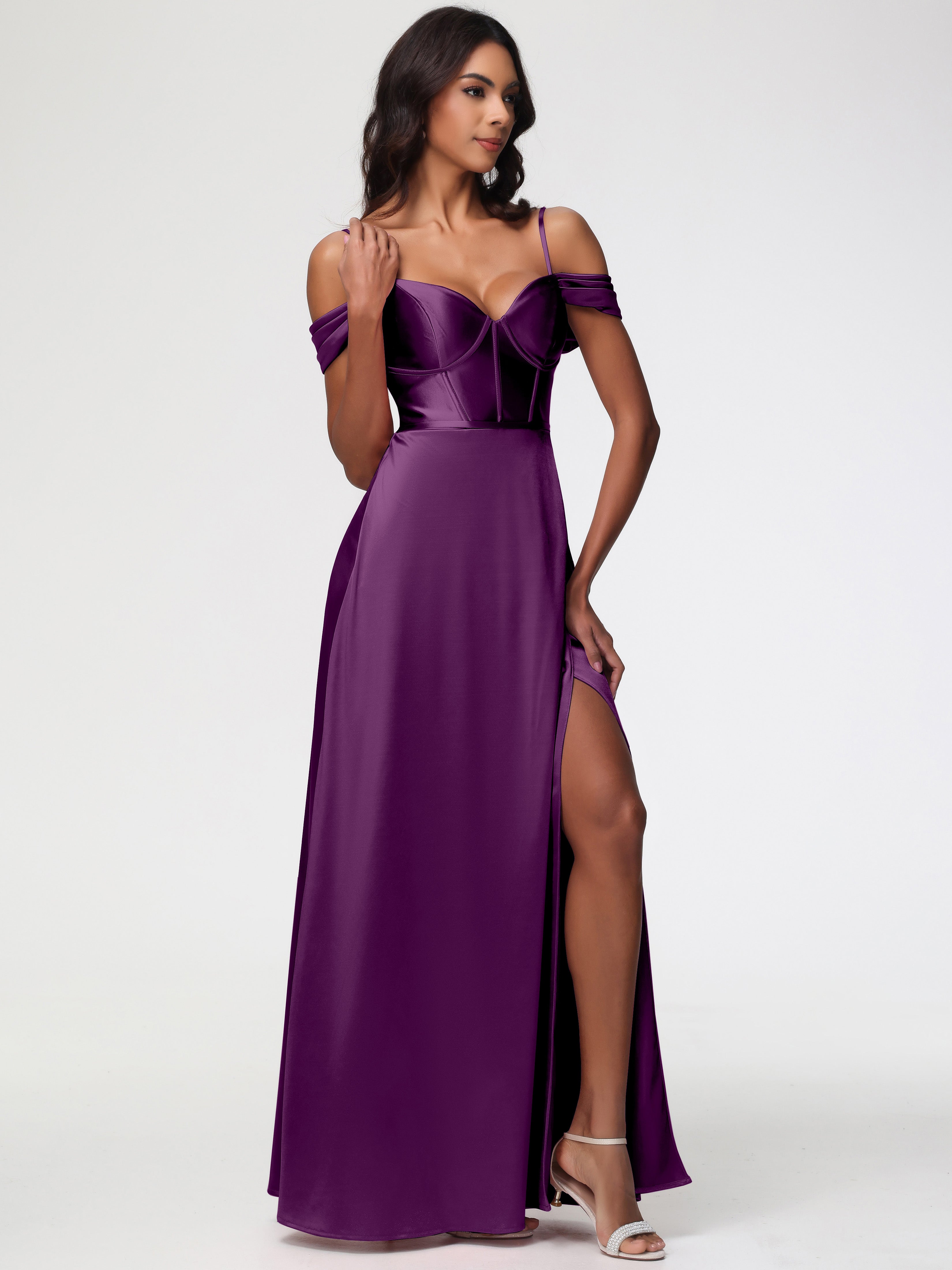 Robes De Demoiselle D'Honneur En Raisin Satin Extensible Robe Demoiselle D Honneur Épaule Dénudée