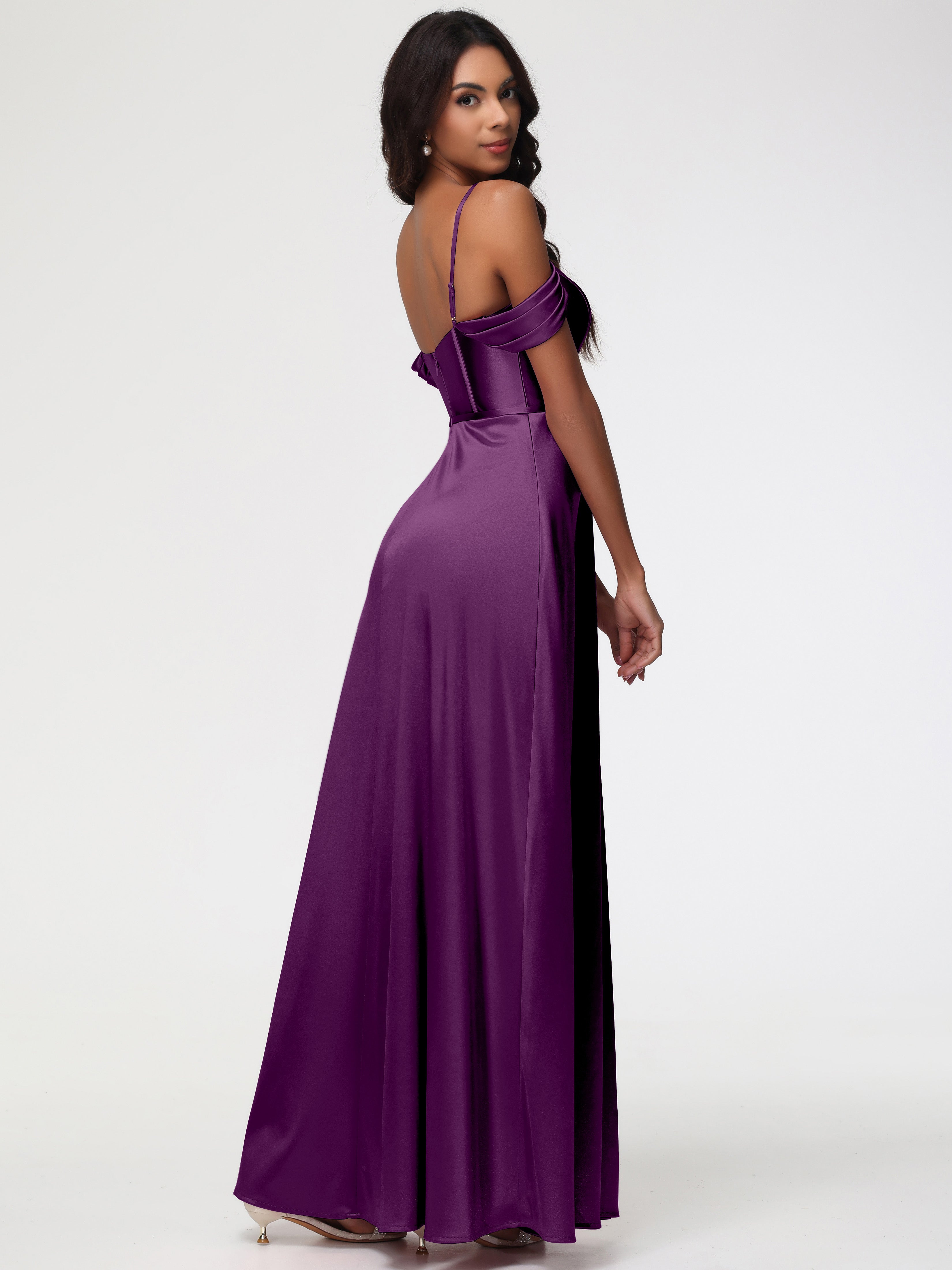 Robes De Demoiselle D'Honneur En Raisin Satin Extensible Robe Demoiselle D Honneur Épaule Dénudée