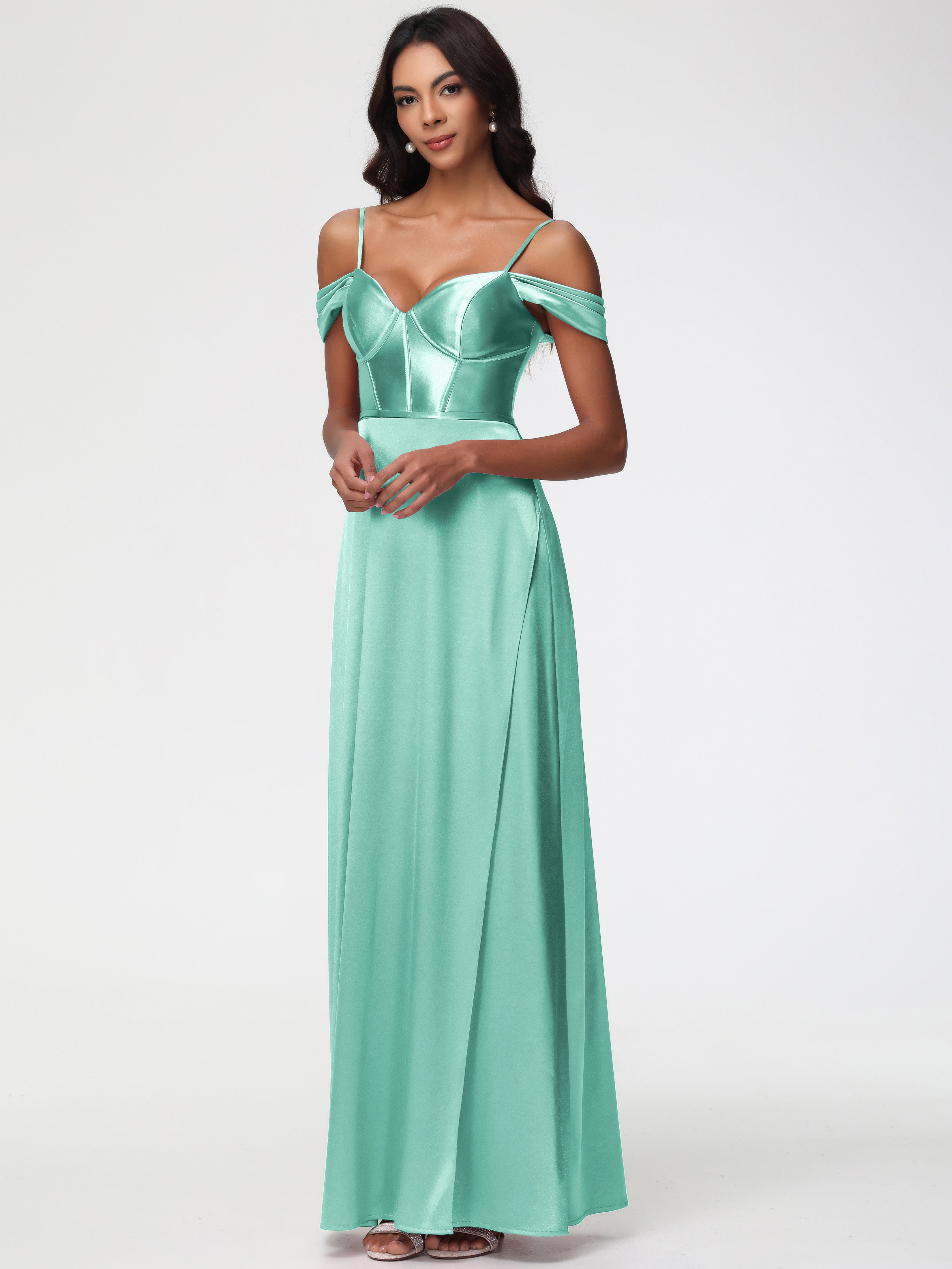 Robe Demoiselle D Honneur Vert Menthe Satin Extensible Robe Demoiselle D Honneur Épaule Dénudée