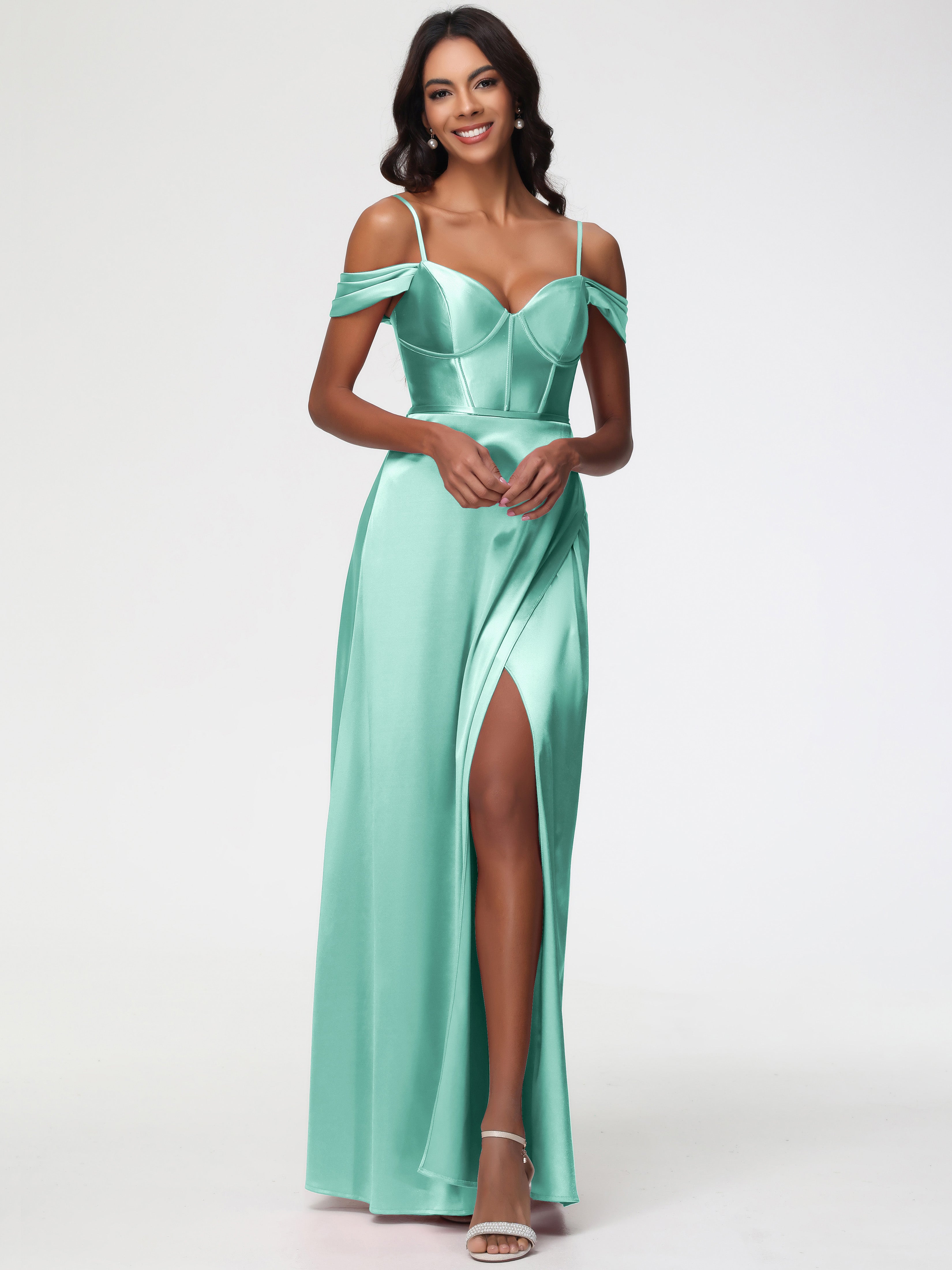 Robe Demoiselle D Honneur Vert Menthe Satin Extensible Robe Demoiselle D Honneur Épaule Dénudée