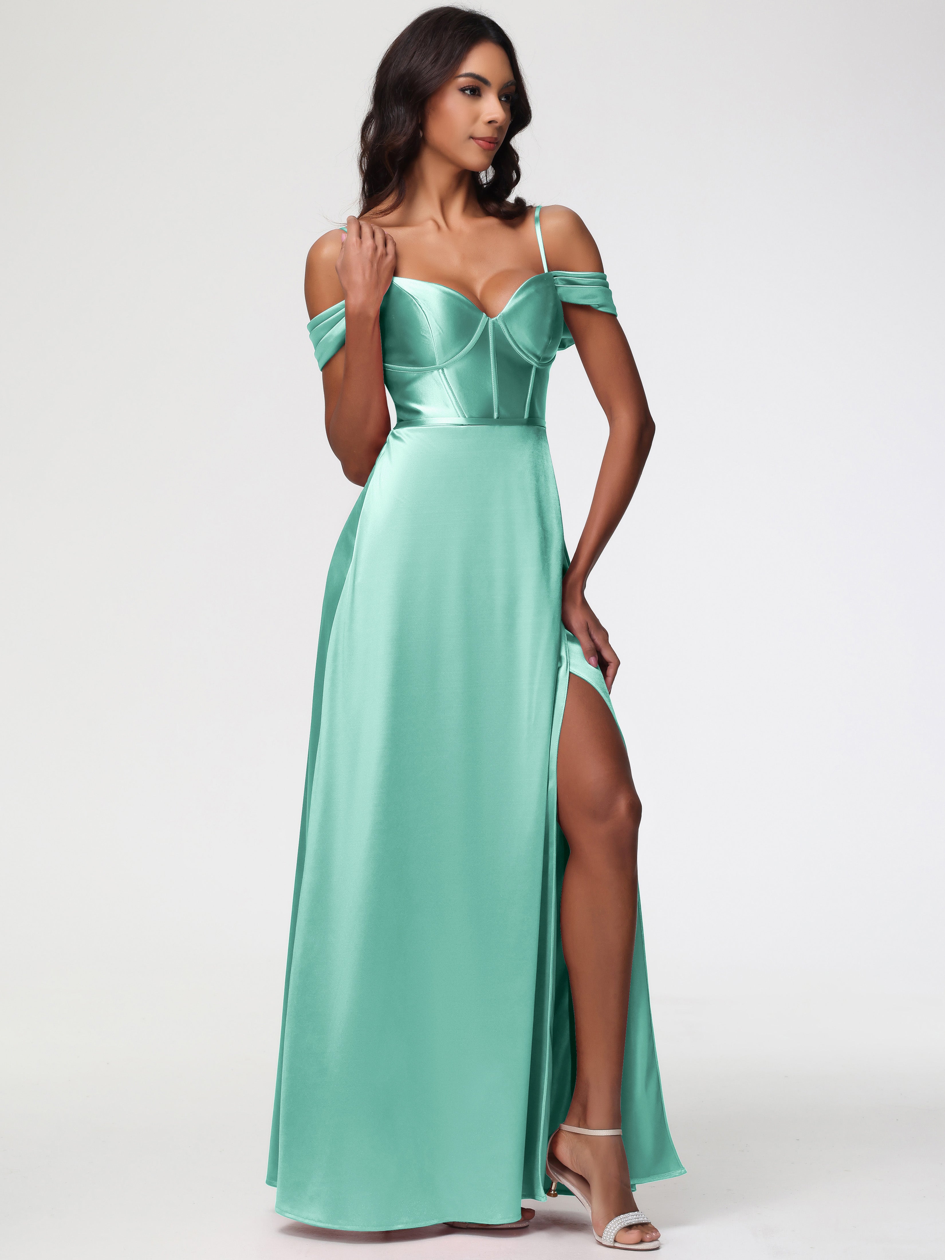 Robe Demoiselle D Honneur Vert Menthe Satin Extensible Robe Demoiselle D Honneur Épaule Dénudée