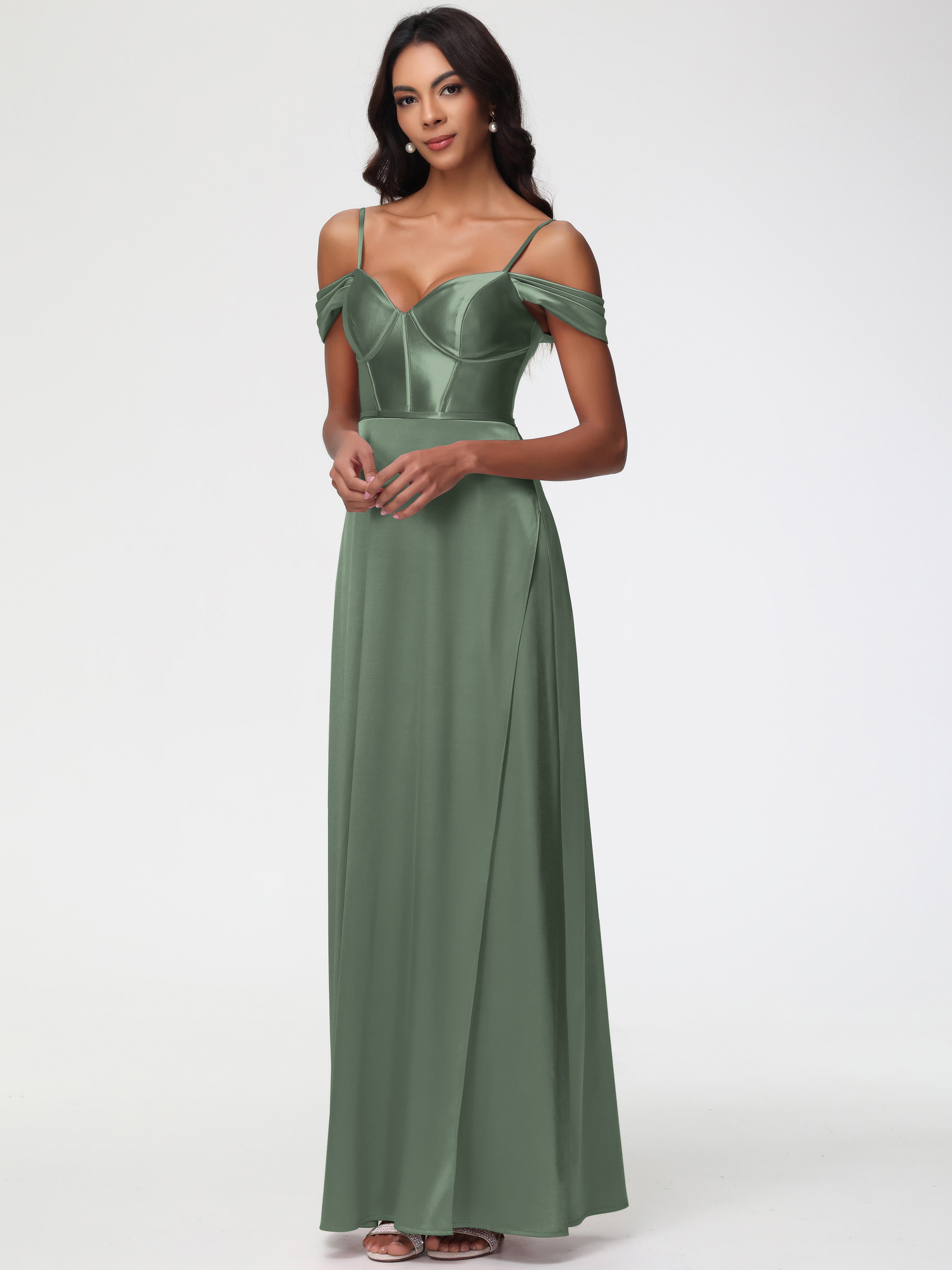 Robe Demoiselle D Honneur Vert Olive Satin Extensible Robe Demoiselle D Honneur Épaule Dénudée