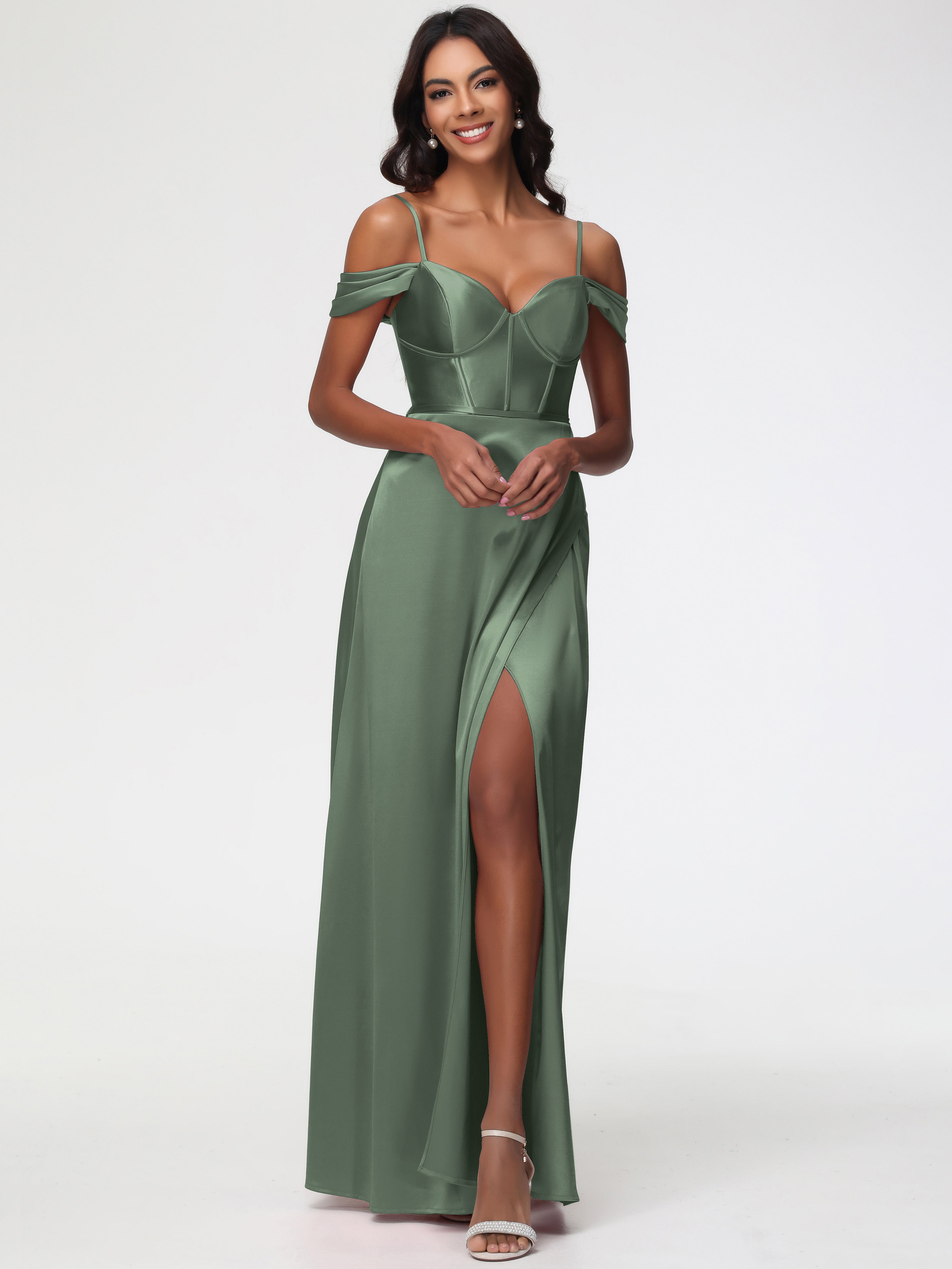 Robe Demoiselle D Honneur Vert Olive Satin Extensible Robe Demoiselle D Honneur Épaule Dénudée