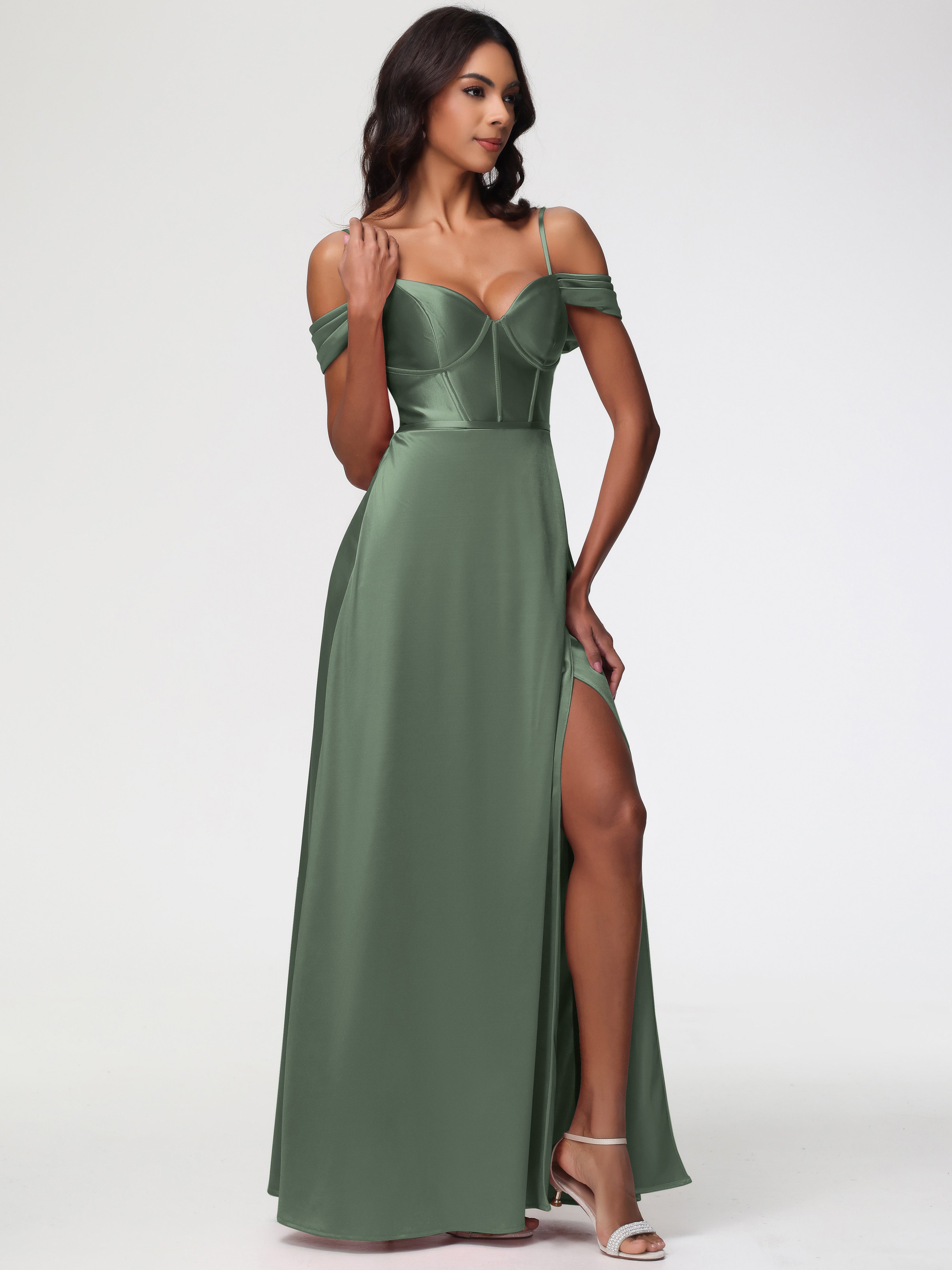 Robe Demoiselle D Honneur Vert Olive Satin Extensible Robe Demoiselle D Honneur Épaule Dénudée