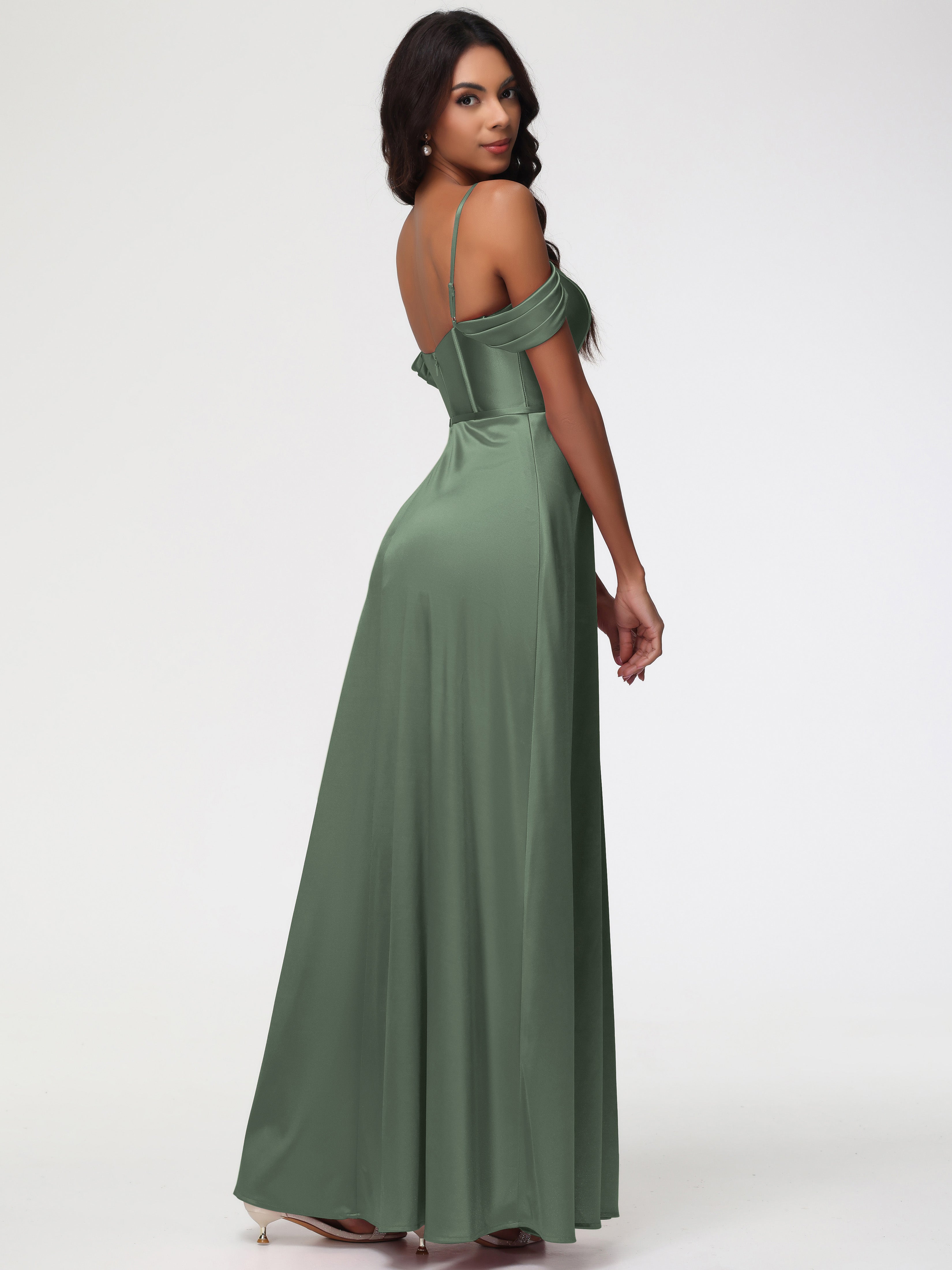 Robe Demoiselle D Honneur Vert Olive Satin Extensible Robe Demoiselle D Honneur Épaule Dénudée
