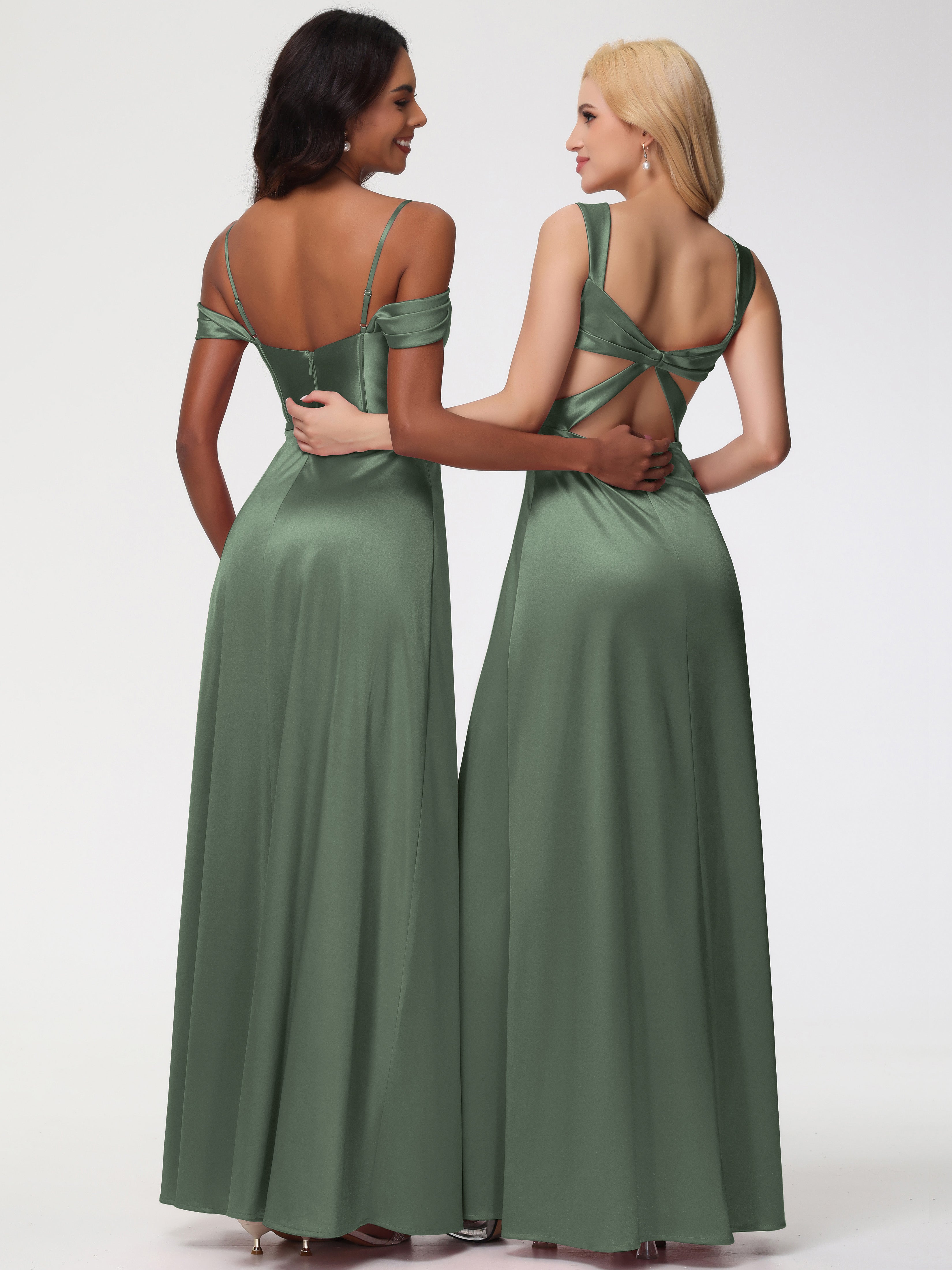 Robe Demoiselle D Honneur Vert Olive Satin Extensible Robe Demoiselle D Honneur Épaule Dénudée