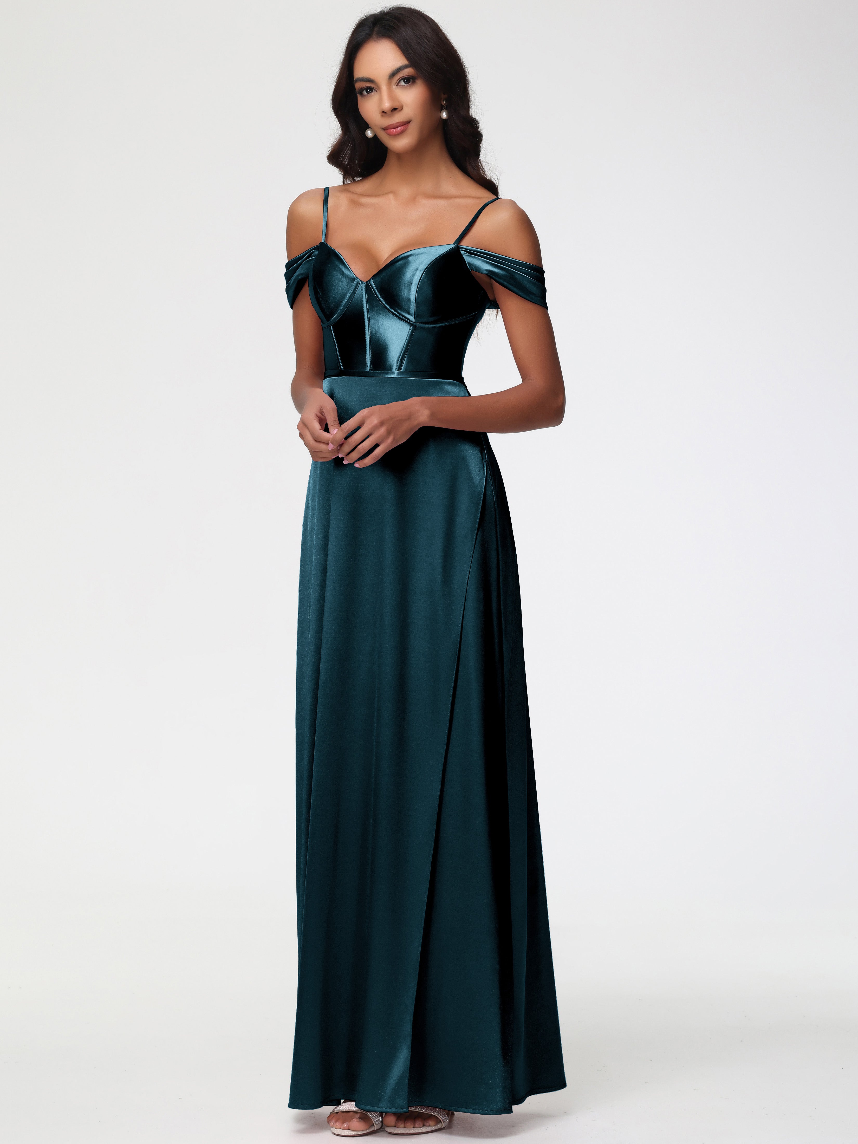 Robes De Demoiselle D'Honneur Couleur Paon Satin Extensible Robe Demoiselle D Honneur Épaule Dénudée