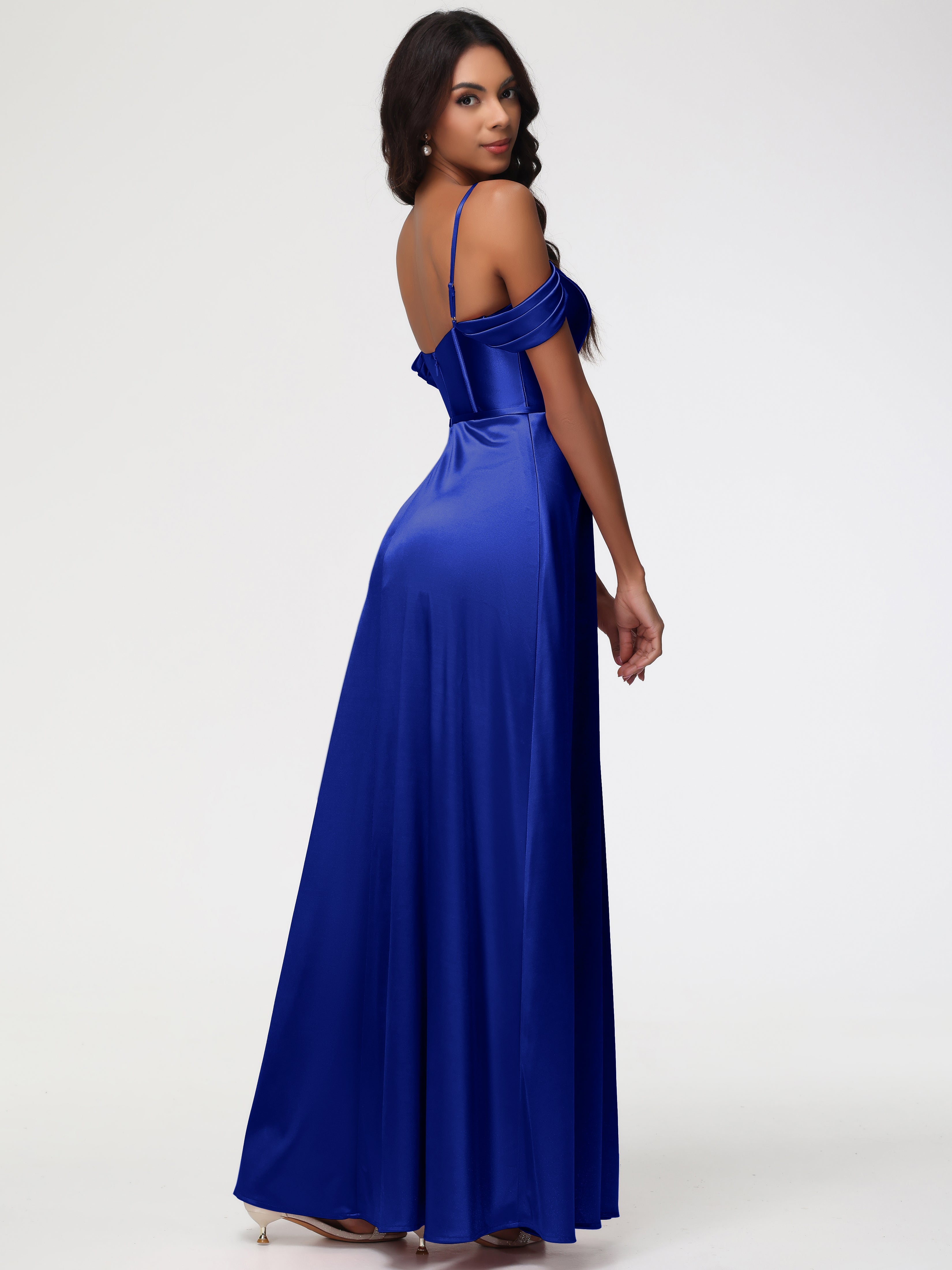 Robe Demoiselle D Honneur Bleu Royal Satin Extensible Robe Demoiselle D Honneur Épaule Dénudée