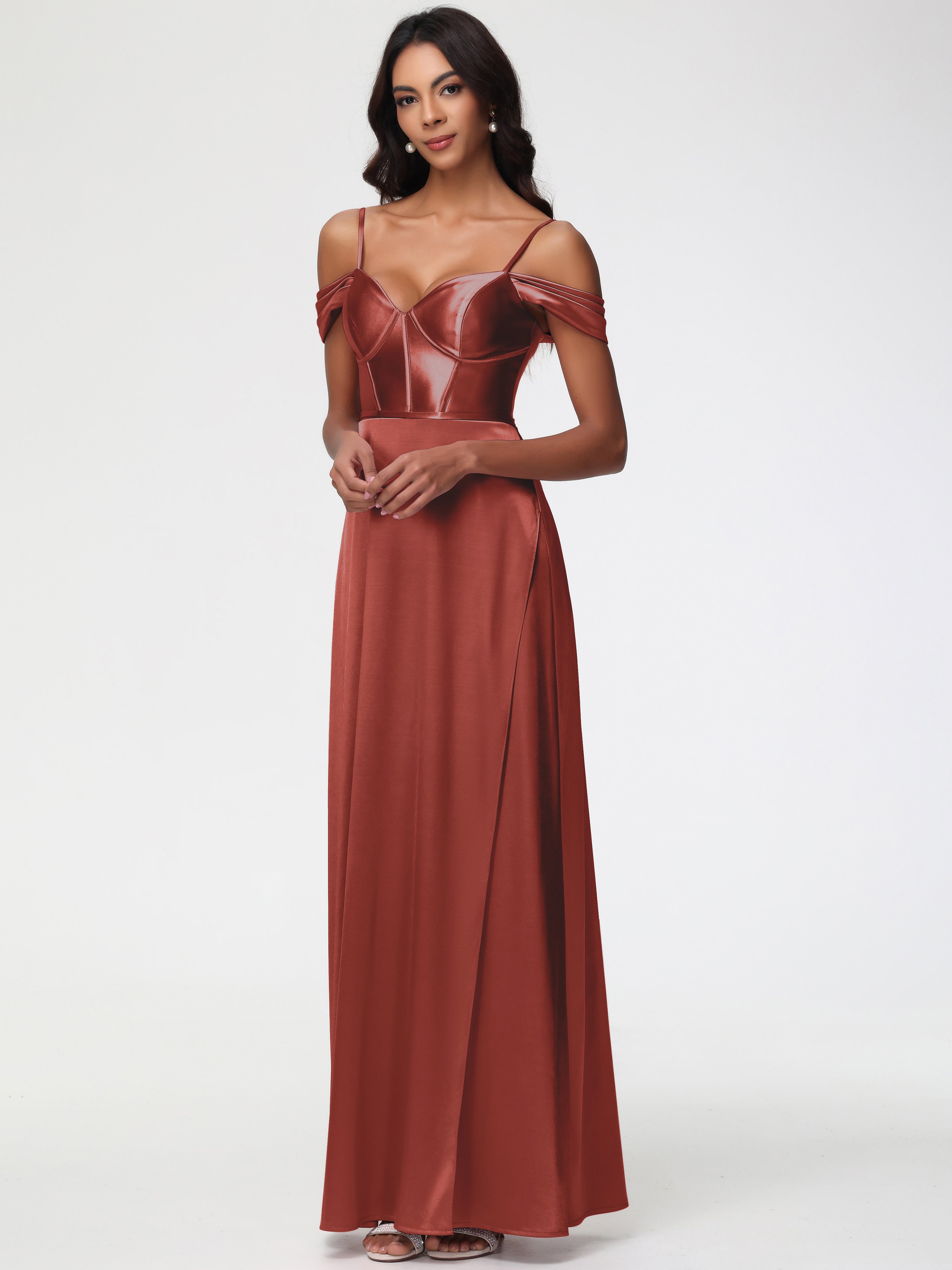 Robe Demoiselle D Honneur Rouille Satin Extensible Robe Demoiselle D Honneur Épaule Dénudée