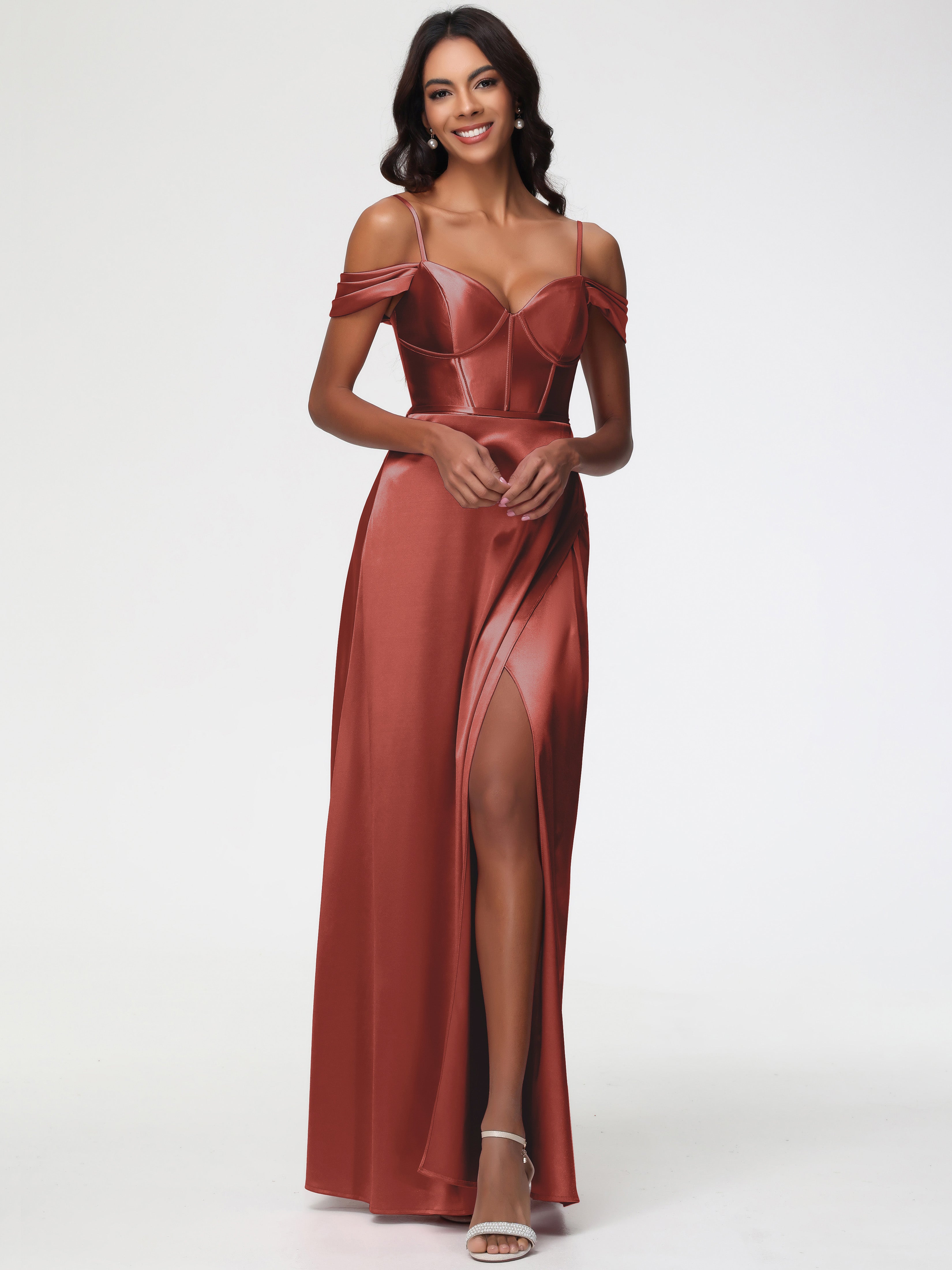 Robe Demoiselle D Honneur Rouille Satin Extensible Robe Demoiselle D Honneur Épaule Dénudée