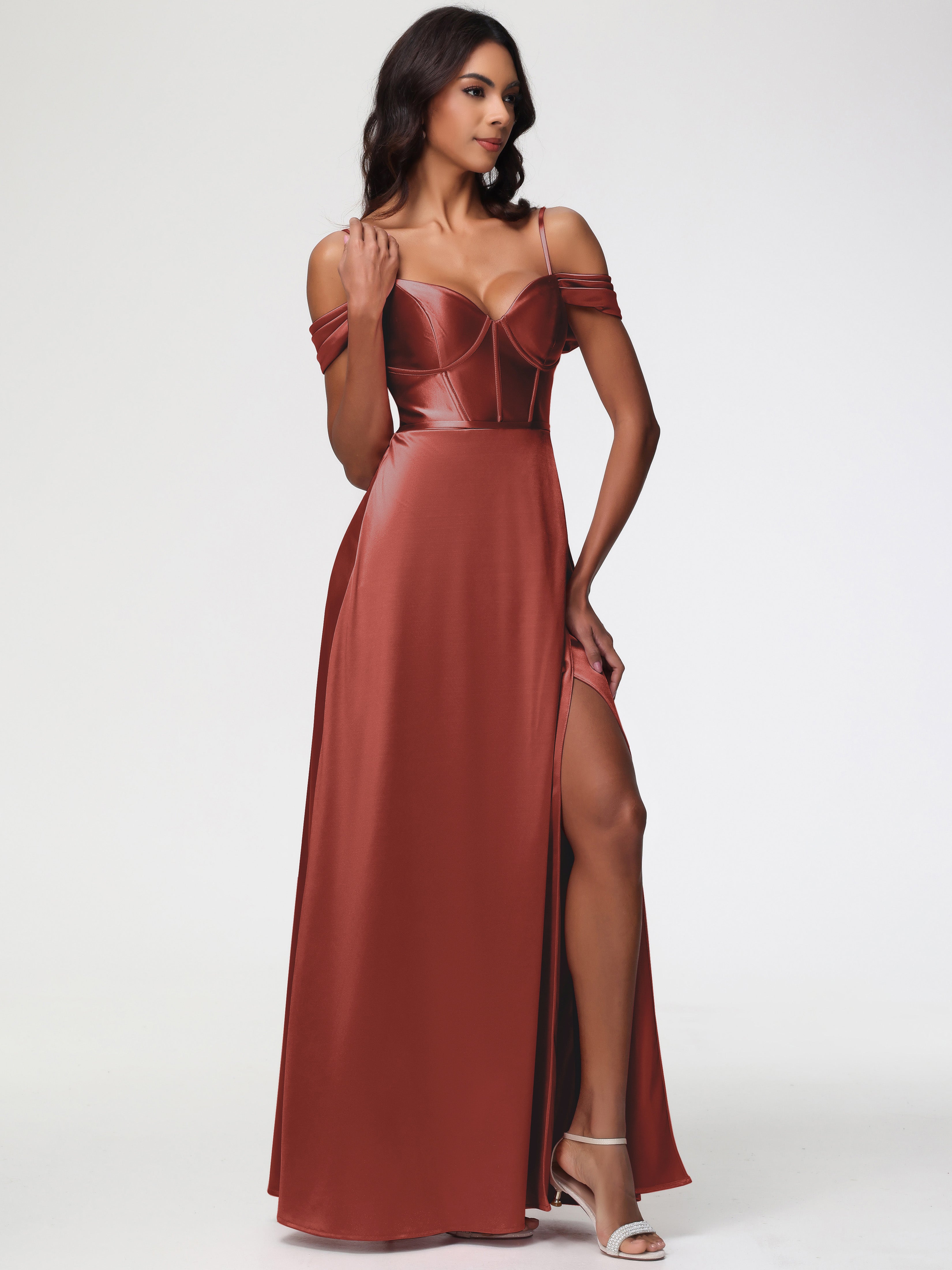 Robe Demoiselle D Honneur Rouille Satin Extensible Robe Demoiselle D Honneur Épaule Dénudée