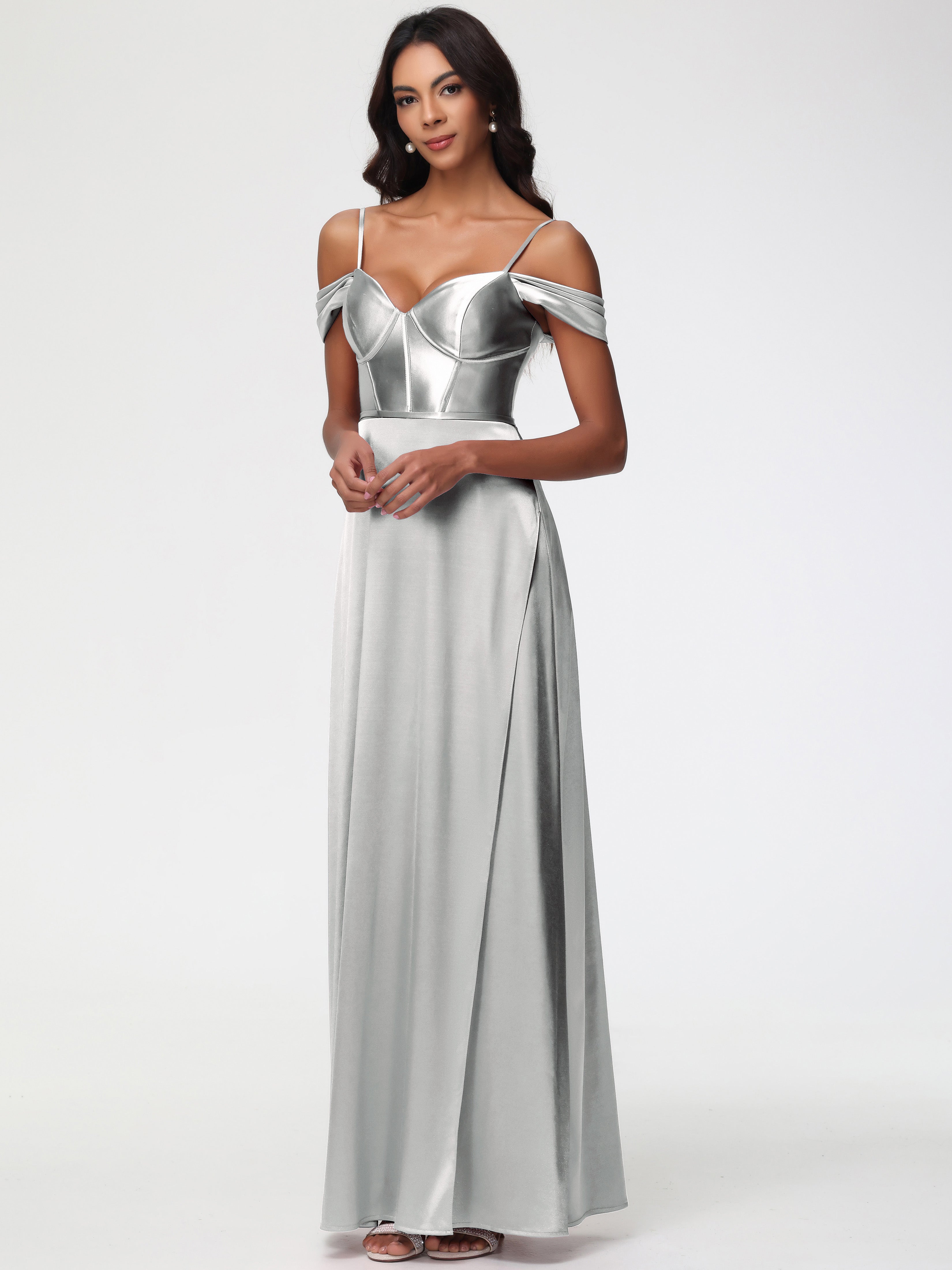 Robe Demoiselle D Honneur Argenté Satin Extensible Robe Demoiselle D Honneur Épaule Dénudée