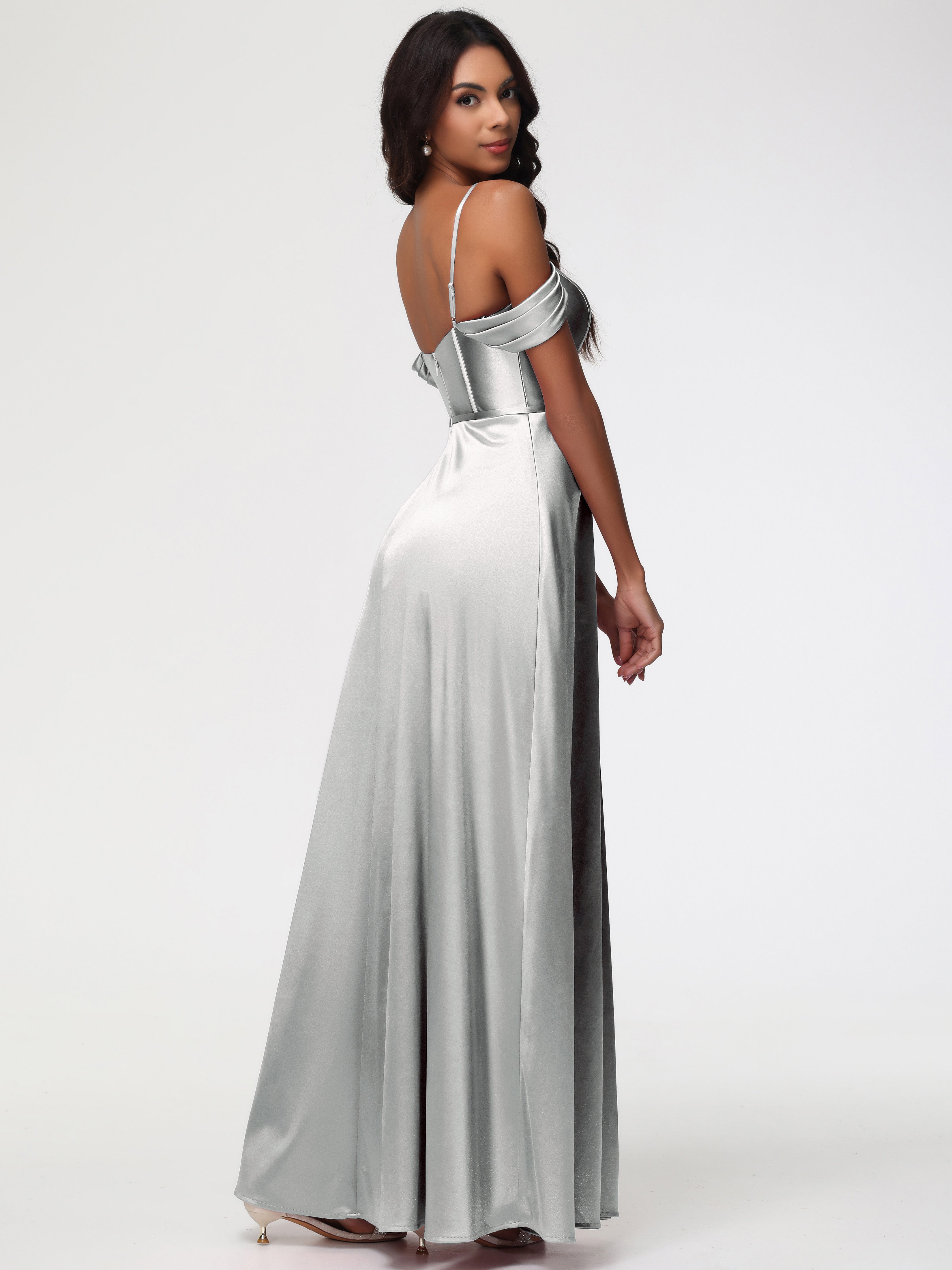 Robe Demoiselle D Honneur Argenté Satin Extensible Robe Demoiselle D Honneur Épaule Dénudée