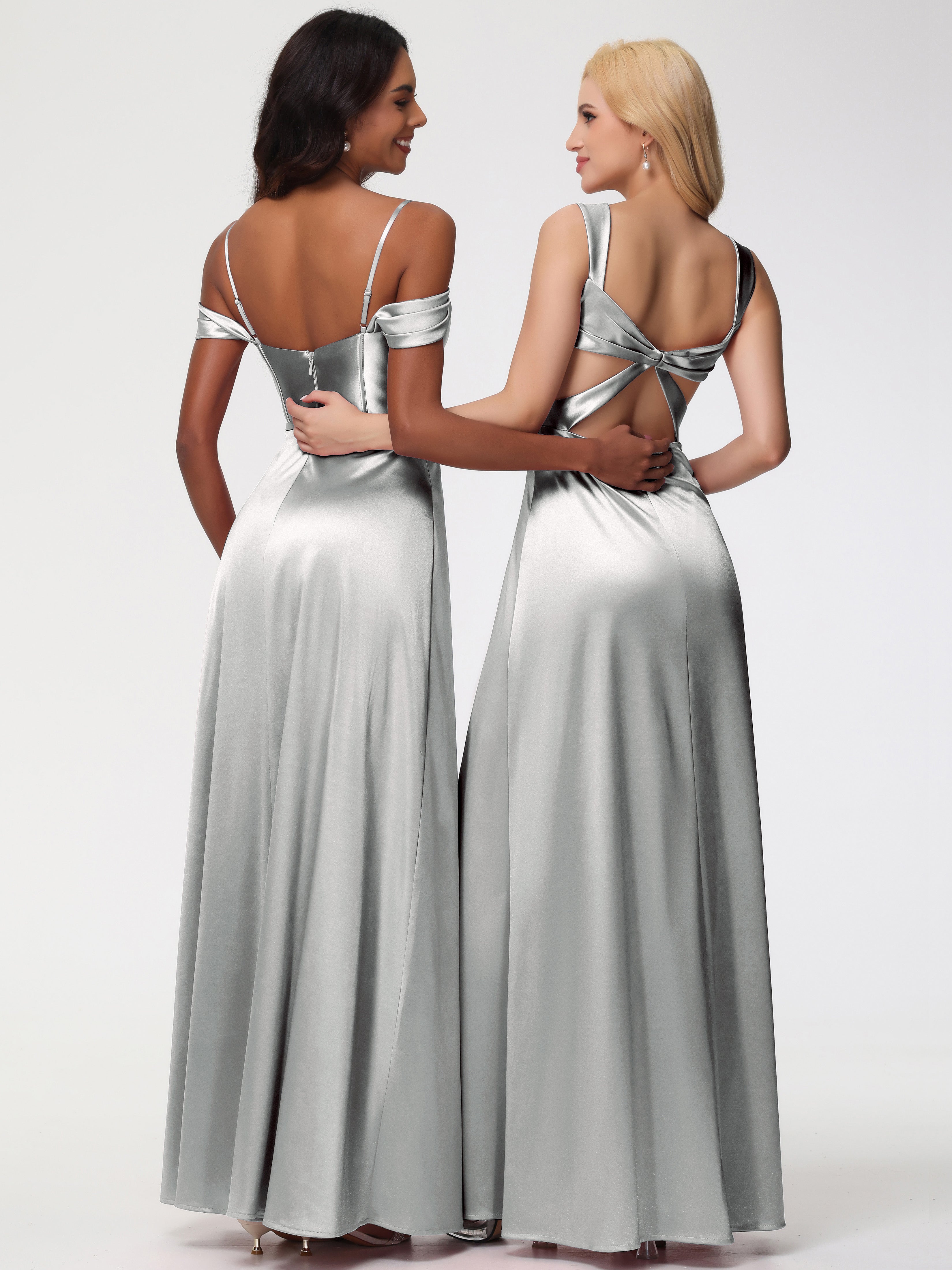 Robe Demoiselle D Honneur Argenté Satin Extensible Robe Demoiselle D Honneur Épaule Dénudée