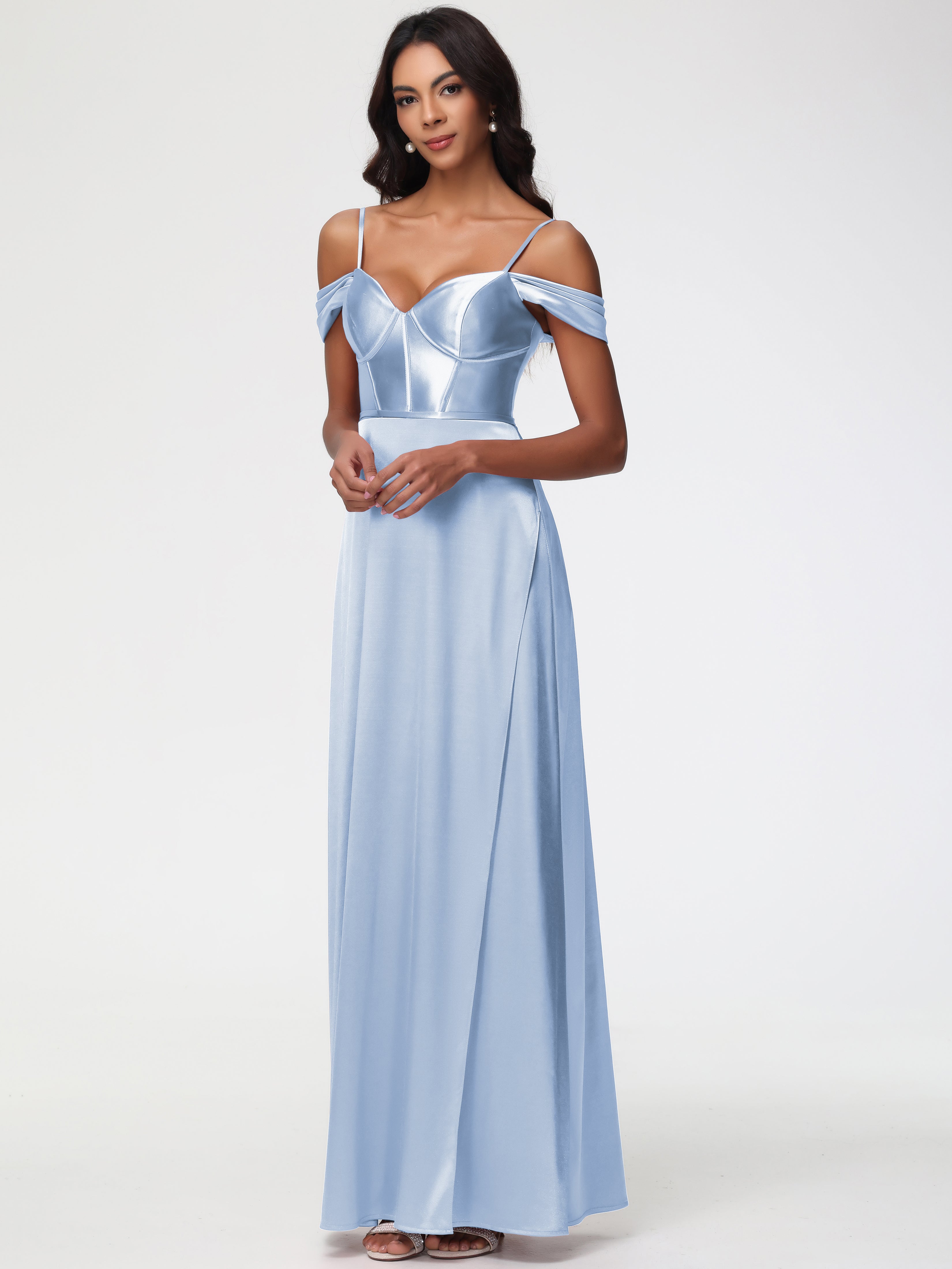 Robe Demoiselle D Honneur Bleu Ciel Satin Extensible Robe Demoiselle D Honneur Épaule Dénudée