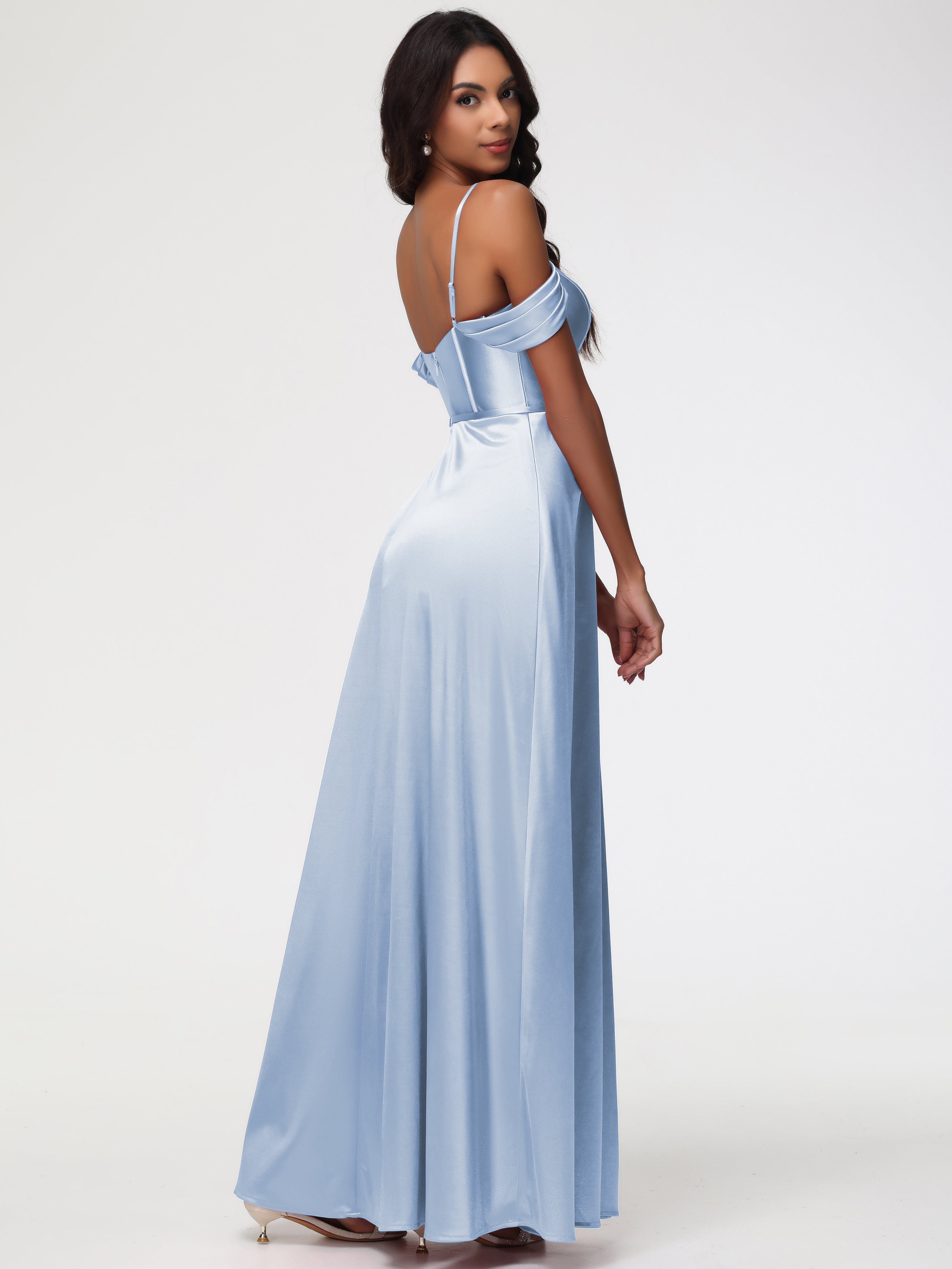 Robe Demoiselle D Honneur Bleu Ciel Satin Extensible Robe Demoiselle D Honneur Épaule Dénudée