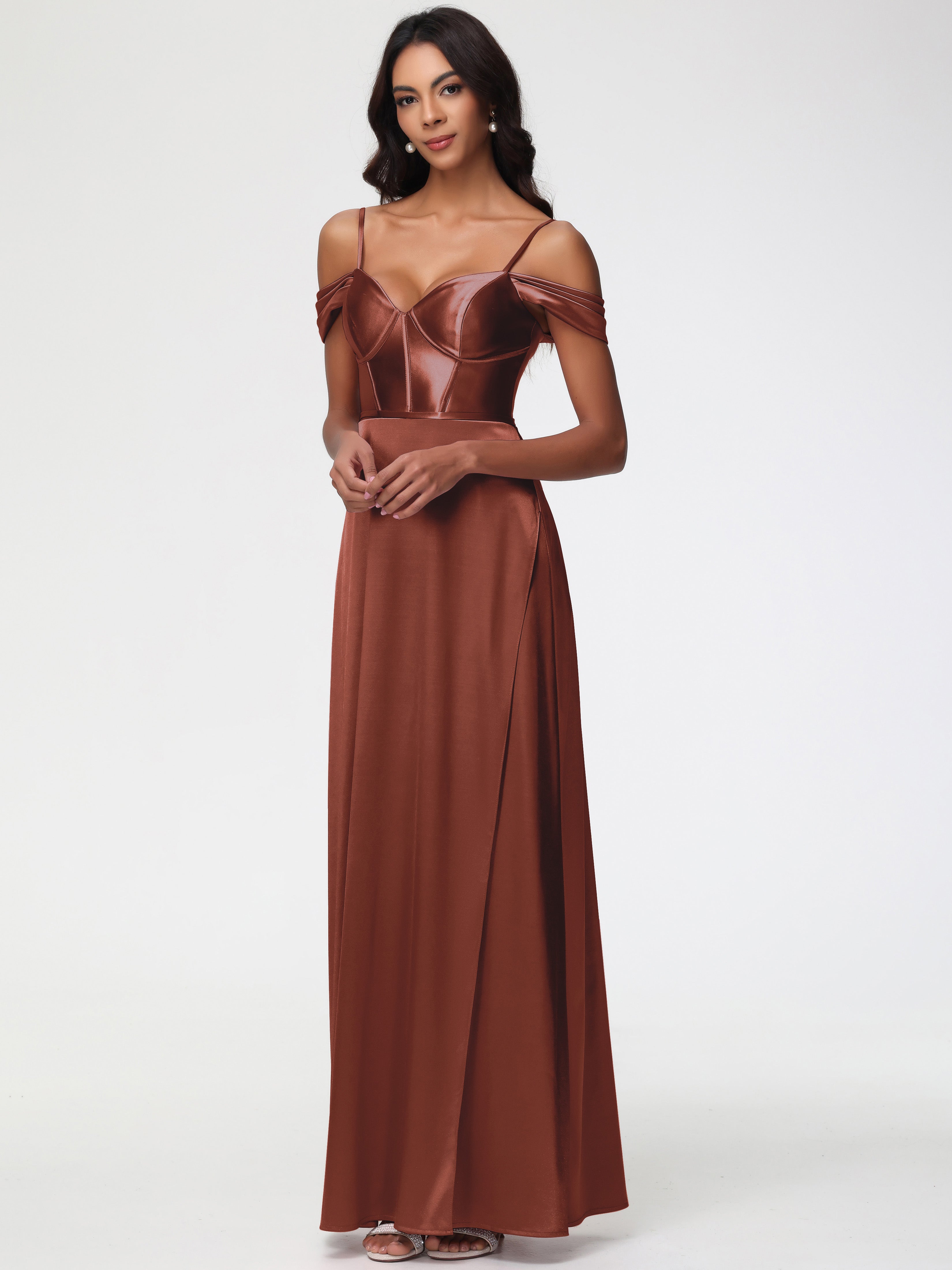 Robe Demoiselle D Honneur Terre Cuite Satin Extensible Robe Demoiselle D Honneur Épaule Dénudée