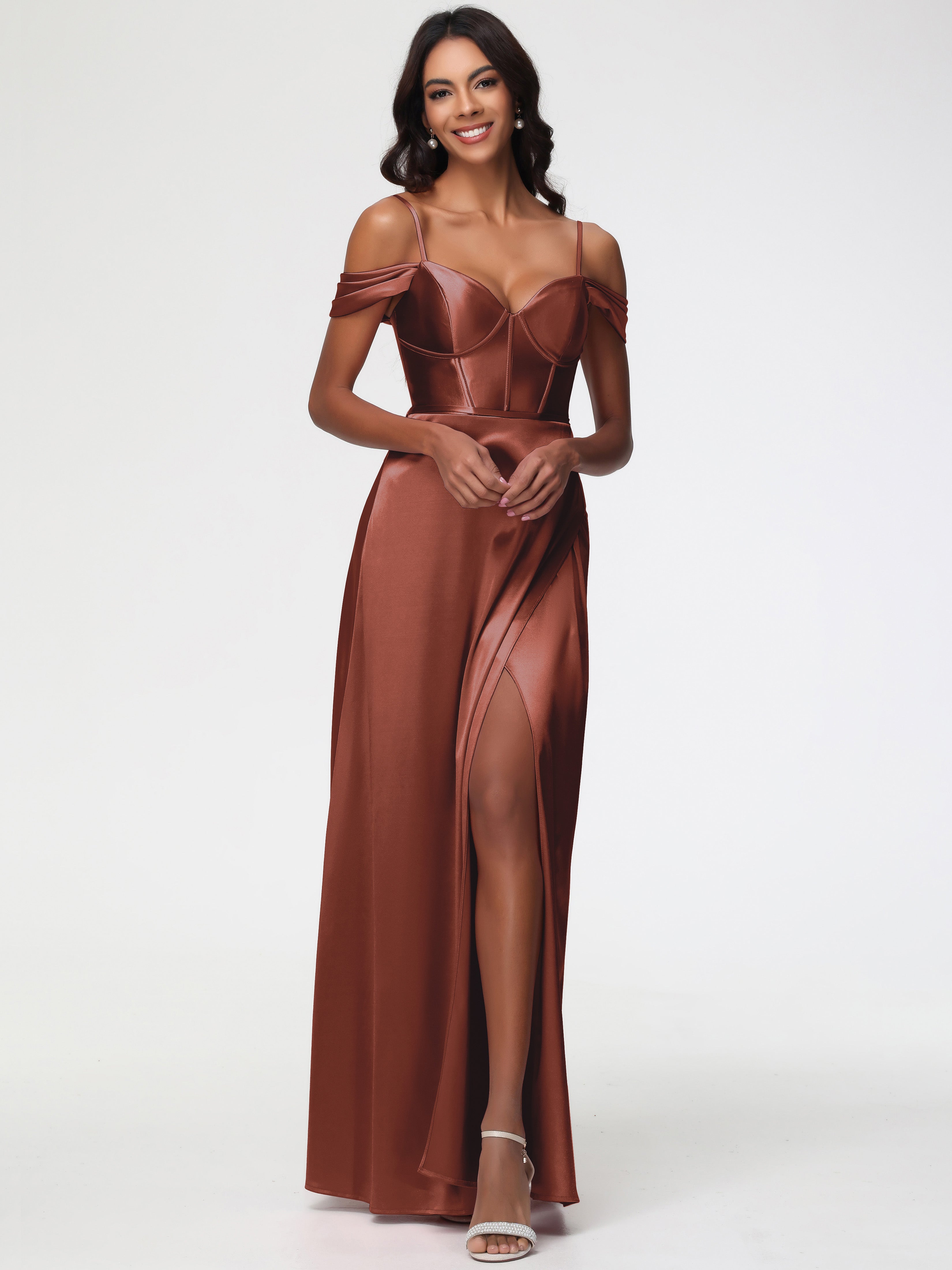 Robe Demoiselle D Honneur Terre Cuite Satin Extensible Robe Demoiselle D Honneur Épaule Dénudée