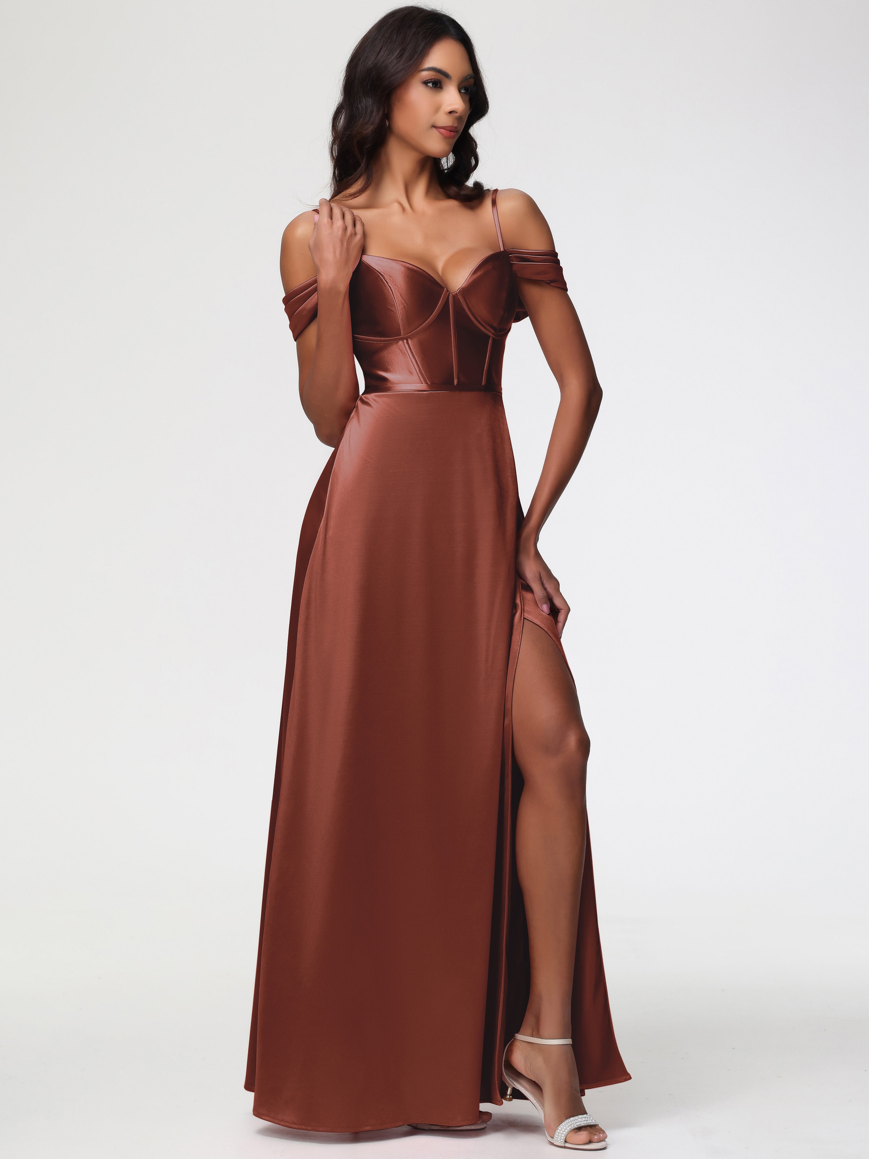 Robe Demoiselle D Honneur Terre Cuite Satin Extensible Robe Demoiselle D Honneur Épaule Dénudée