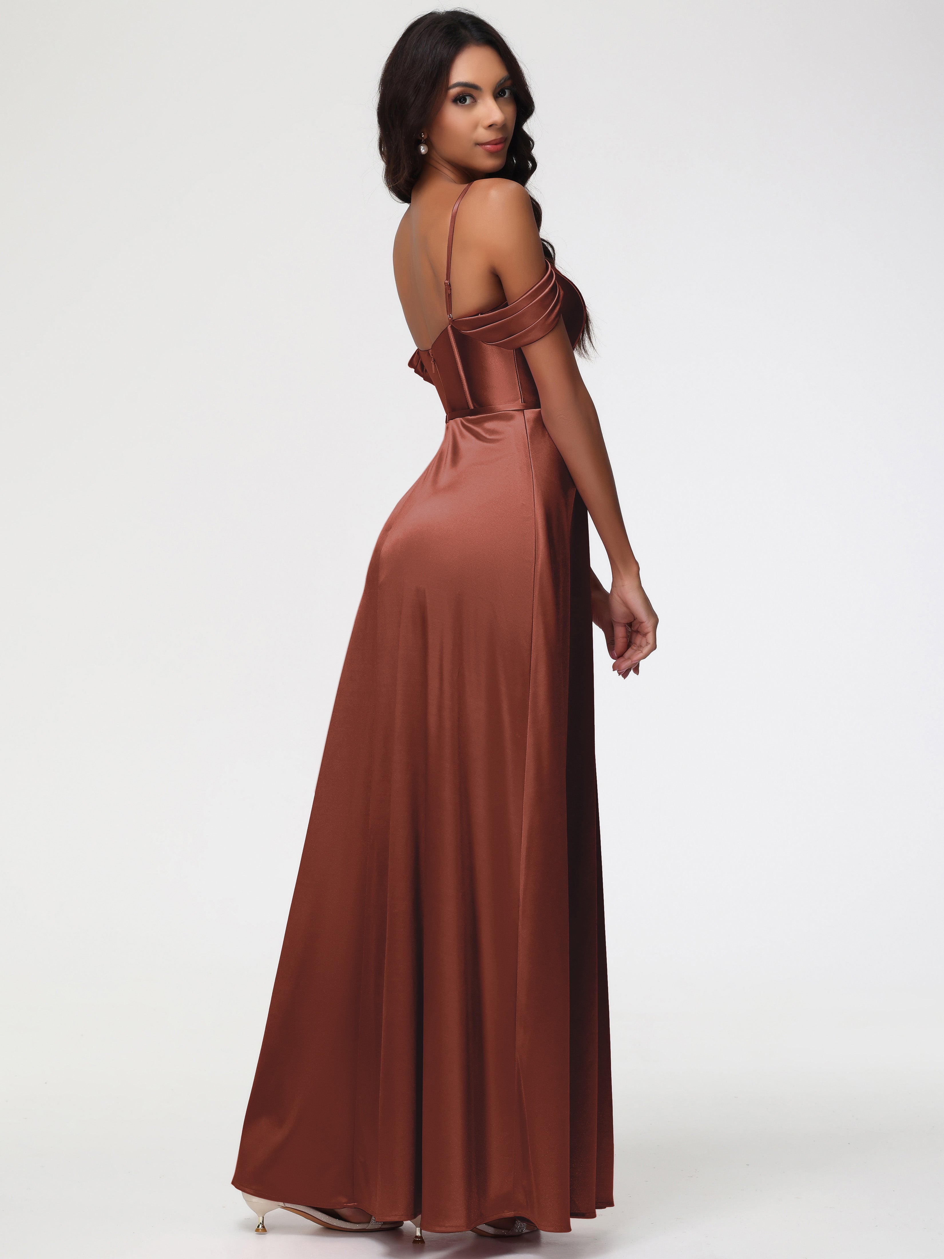 Robe Demoiselle D Honneur Terre Cuite Satin Extensible Robe Demoiselle D Honneur Épaule Dénudée