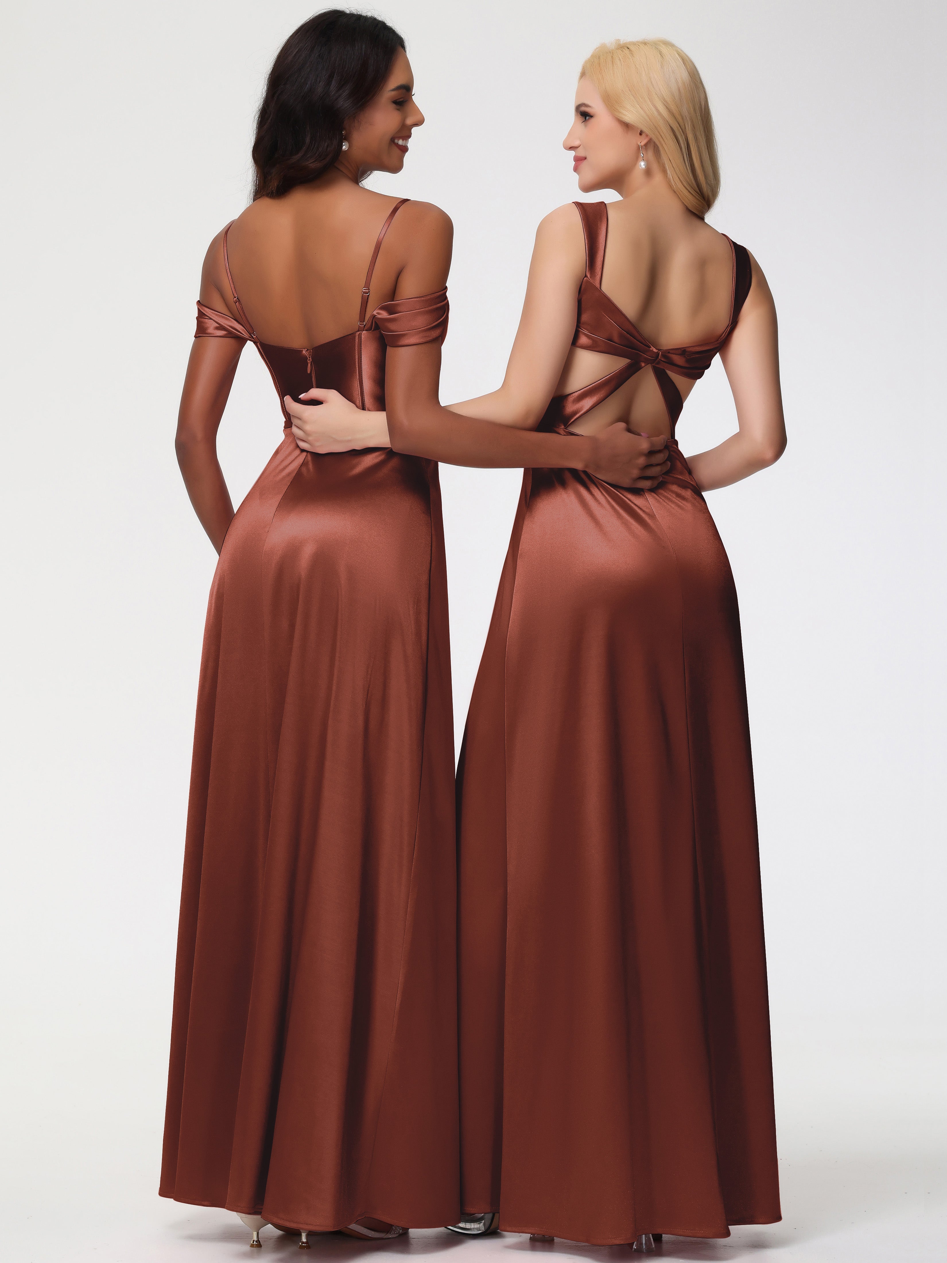 Robe Demoiselle D Honneur Terre Cuite Satin Extensible Robe Demoiselle D Honneur Épaule Dénudée