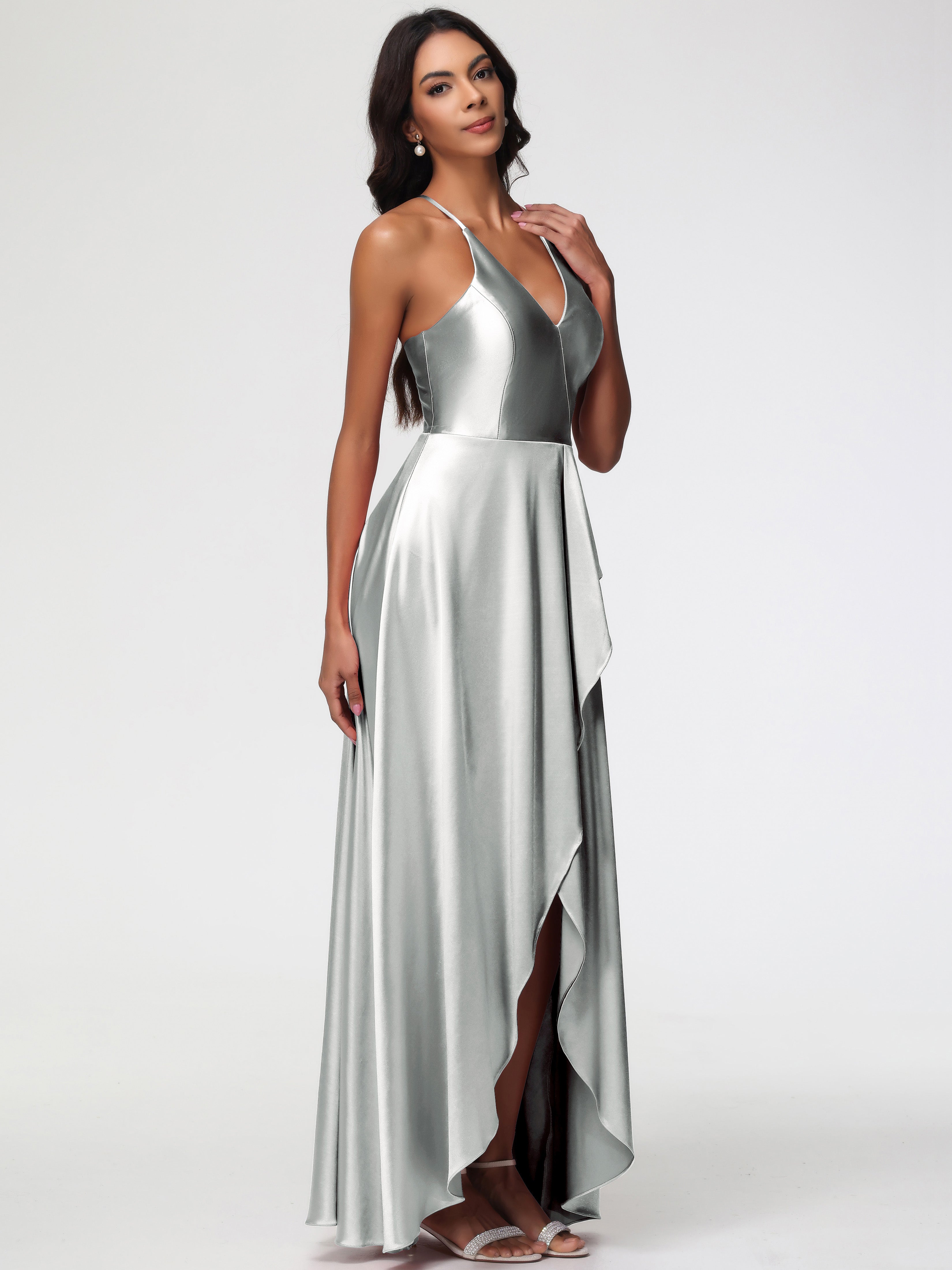 Robe Argentée Demoiselle D Honneur Robe Asymétrique Demoiselle D Honneur Avec Décolleté En V