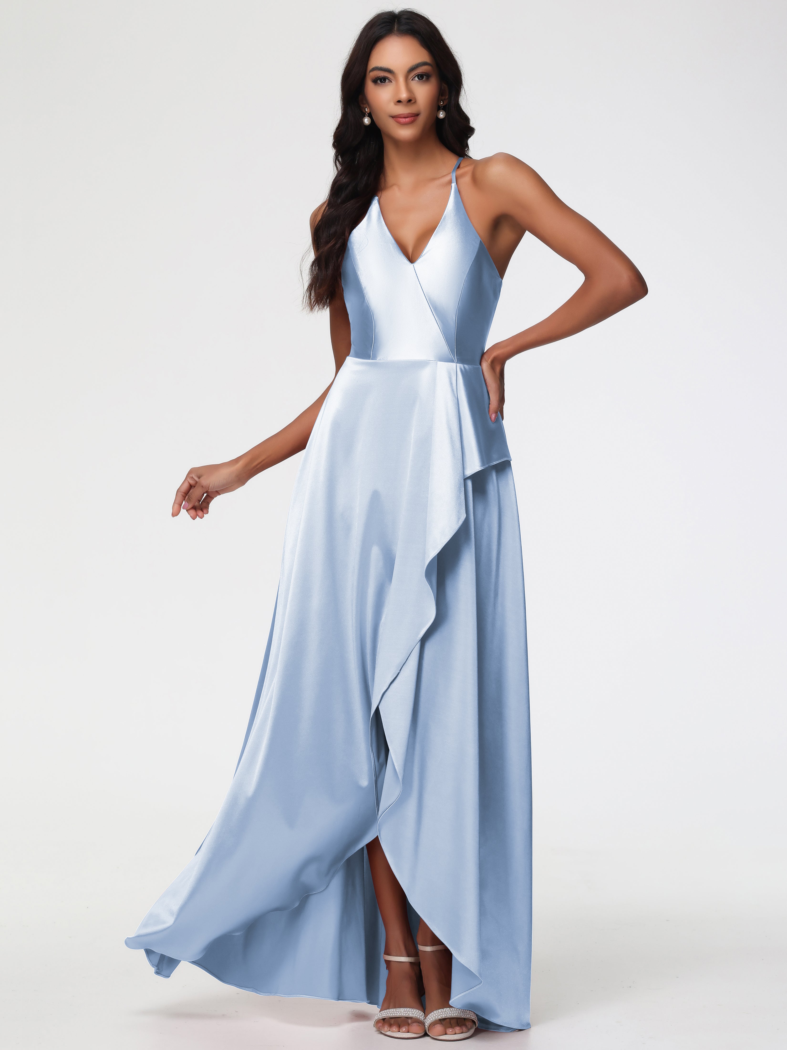 Demoiselle D Honneur Bleu Ciel Robe Asymétrique Demoiselle D Honneur Avec Décolleté En V