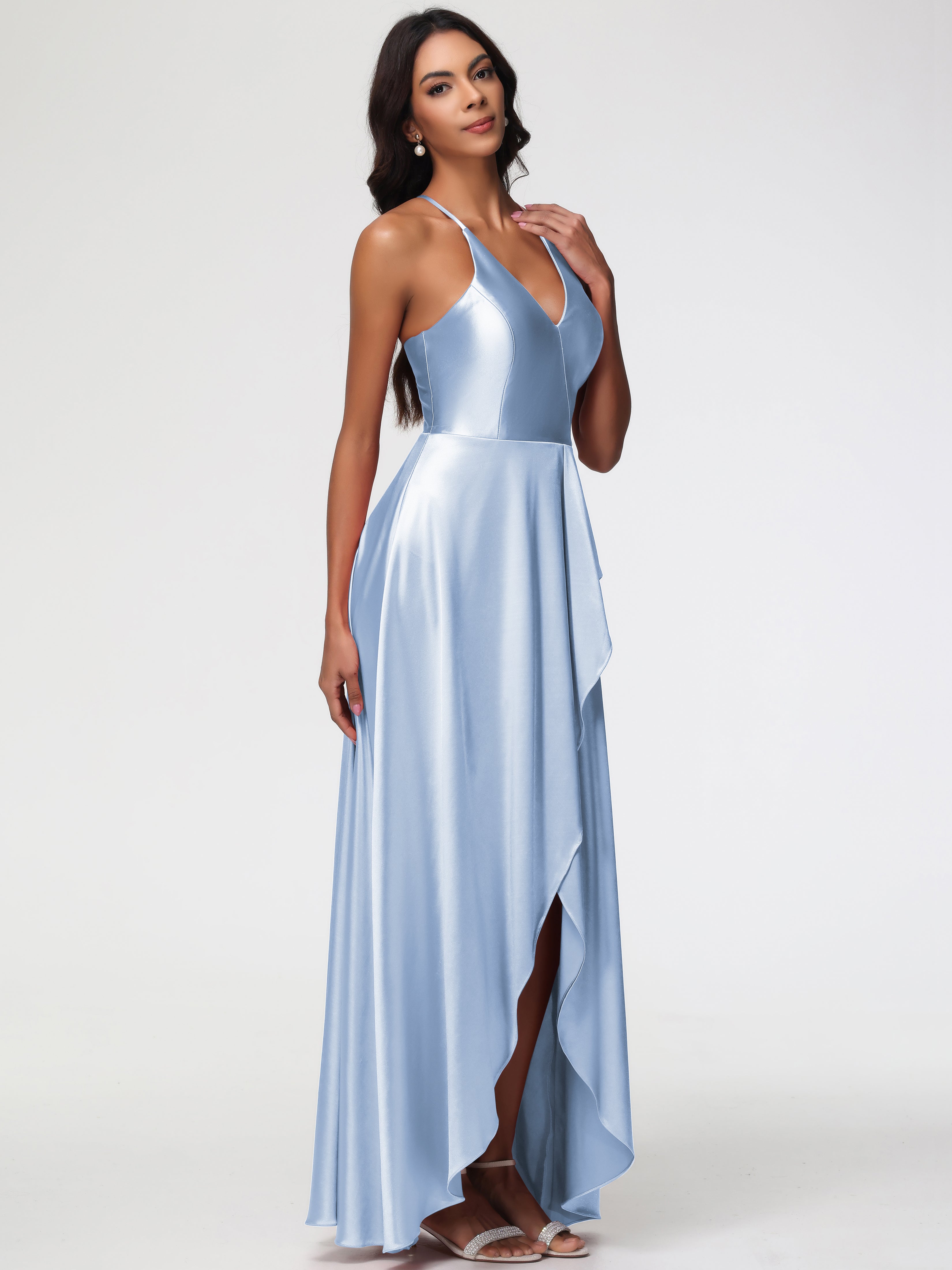 Demoiselle D Honneur Bleu Ciel Robe Asymétrique Demoiselle D Honneur Avec Décolleté En V