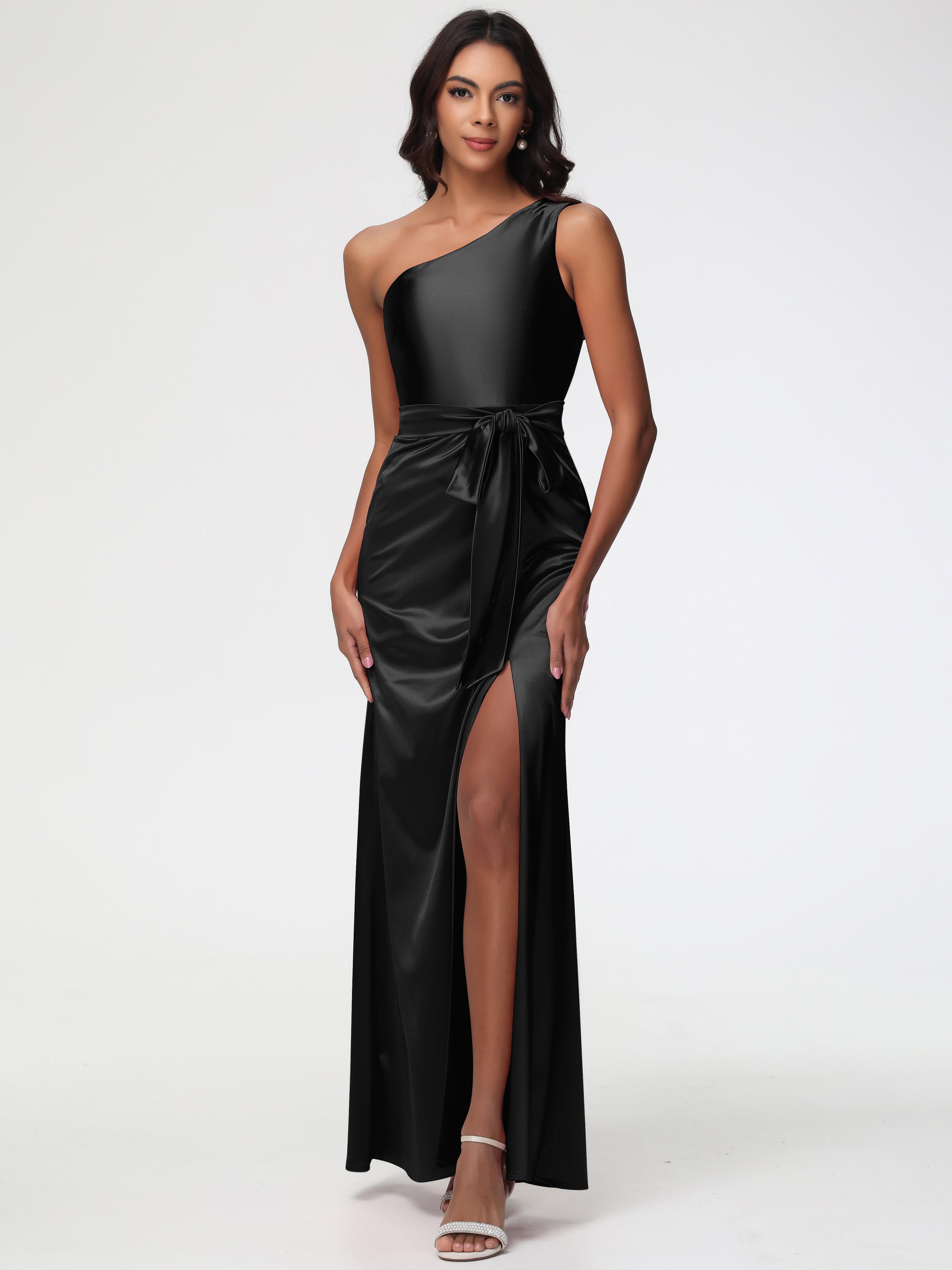 Robe Demoiselle D Honneur Noire Satin Extensible Seule-Épaule Robe Fourreau Demoiselle D Honneur