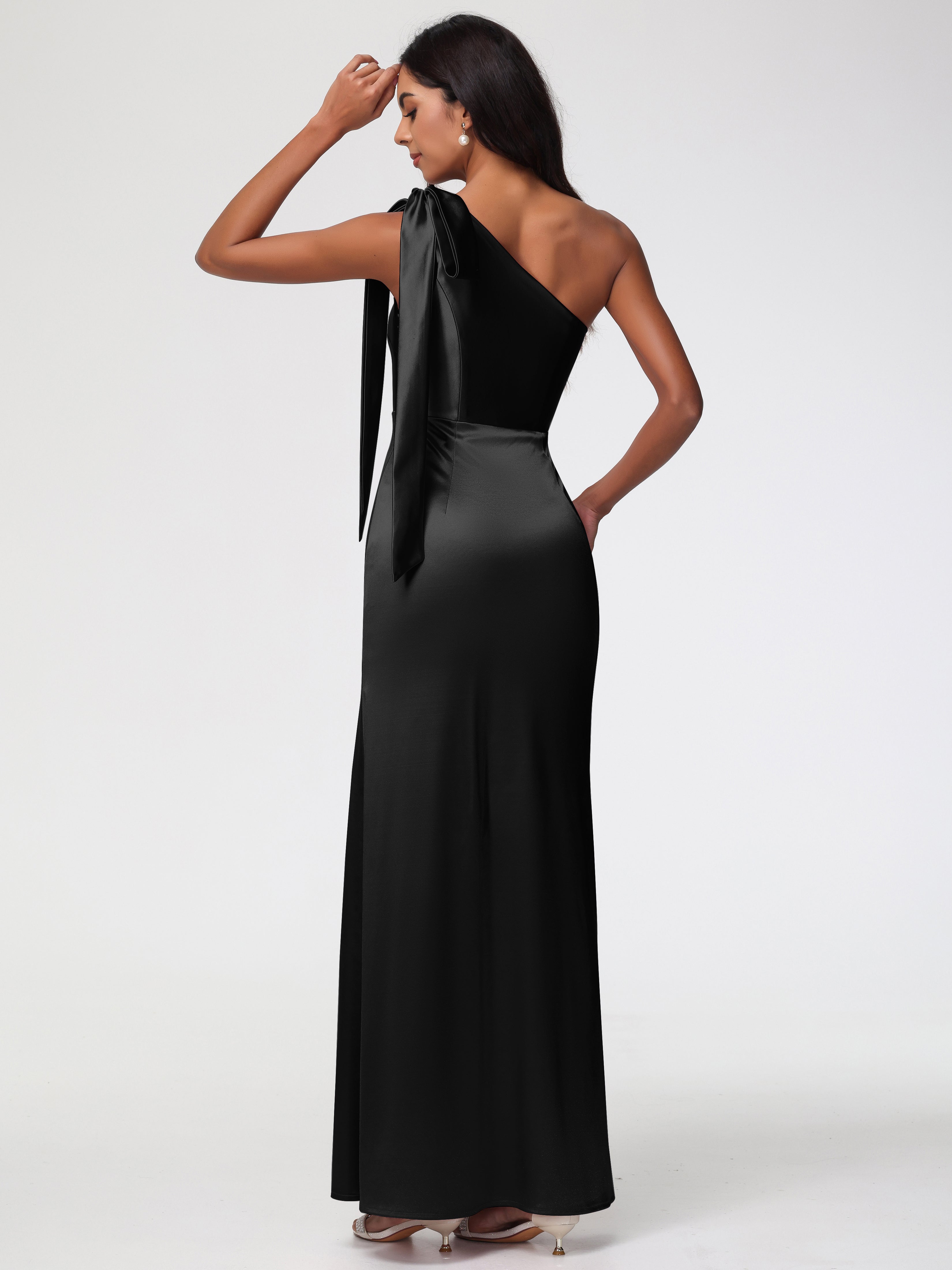 Robe Demoiselle D Honneur Noire Satin Extensible Seule-Épaule Robe Fourreau Demoiselle D Honneur