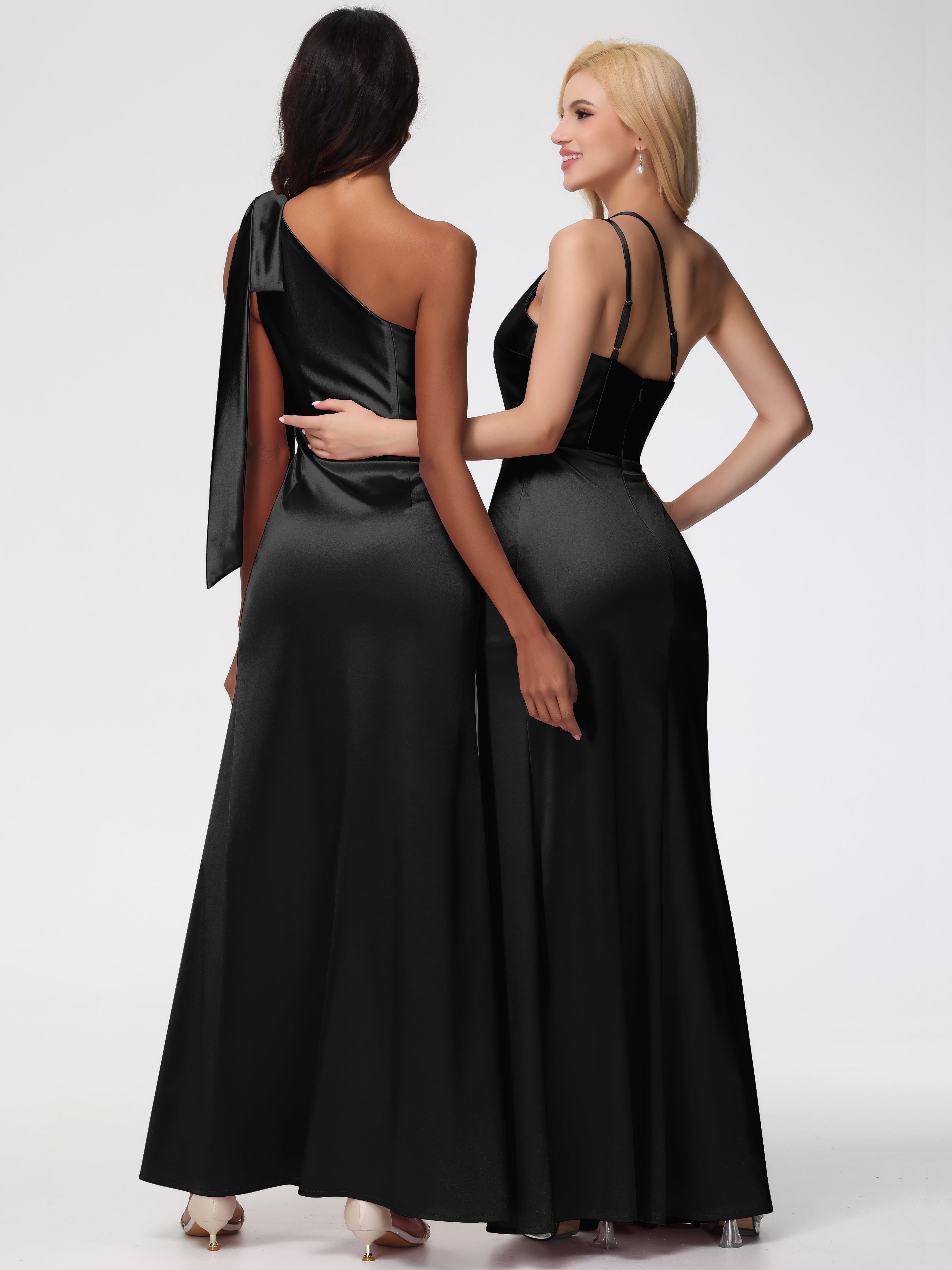 Robe Demoiselle D Honneur Noire Satin Extensible Seule-Épaule Robe Fourreau Demoiselle D Honneur