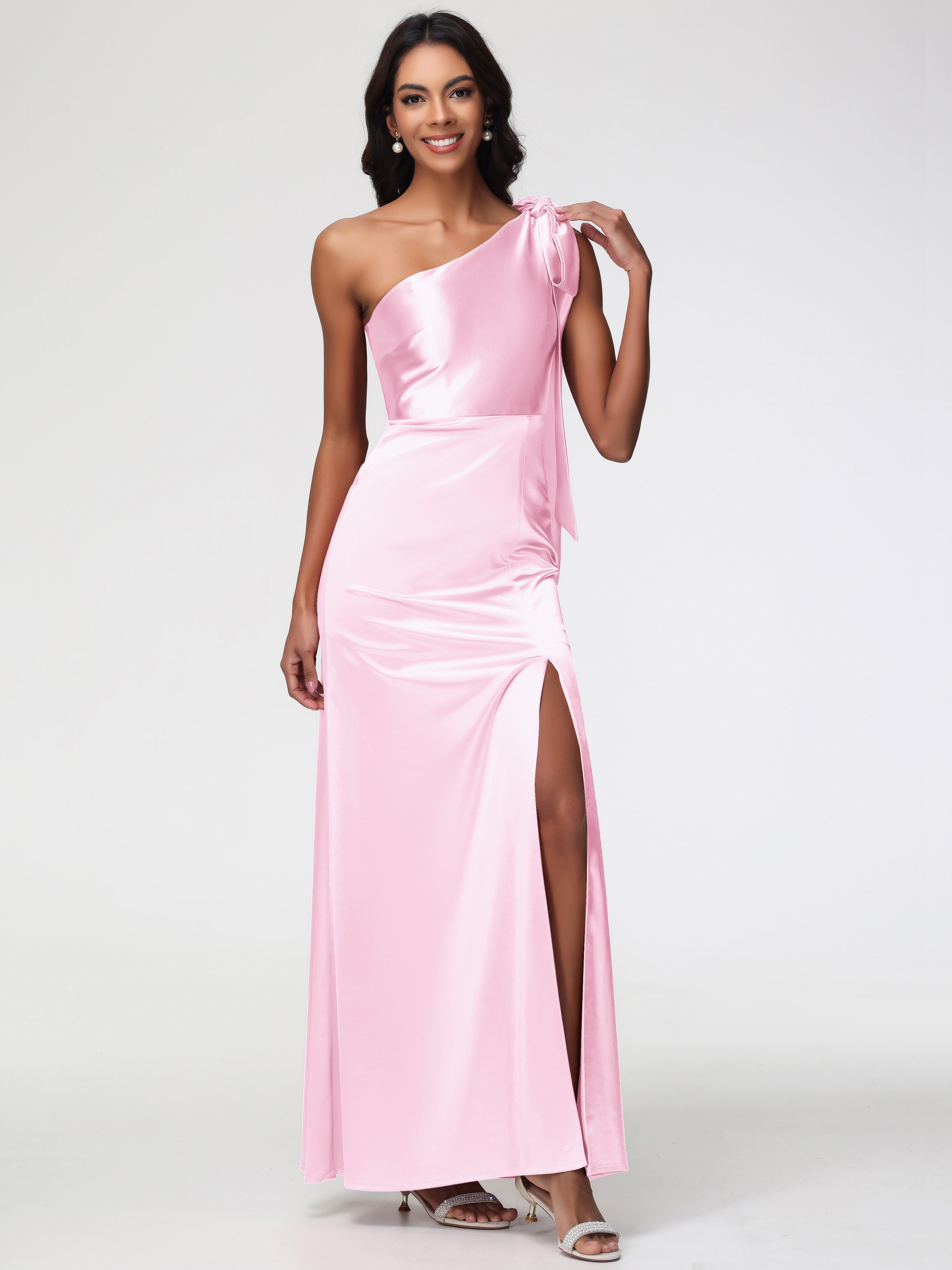 Robe Demoiselle Dhonneur Rose Pale Satin Extensible Seule-Épaule Robe Fourreau Demoiselle D Honneur