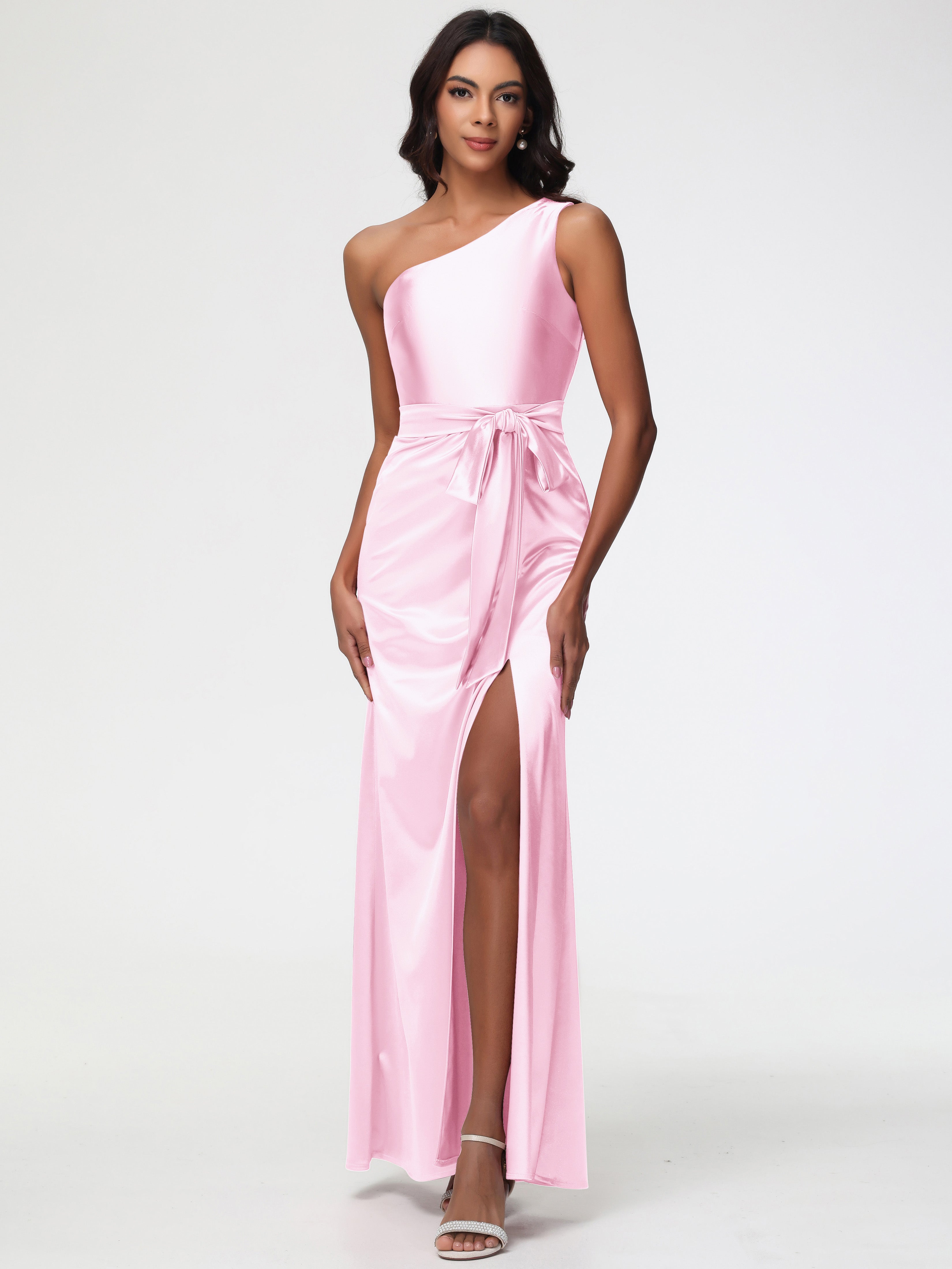 Robe Demoiselle Dhonneur Rose Pale Satin Extensible Seule-Épaule Robe Fourreau Demoiselle D Honneur