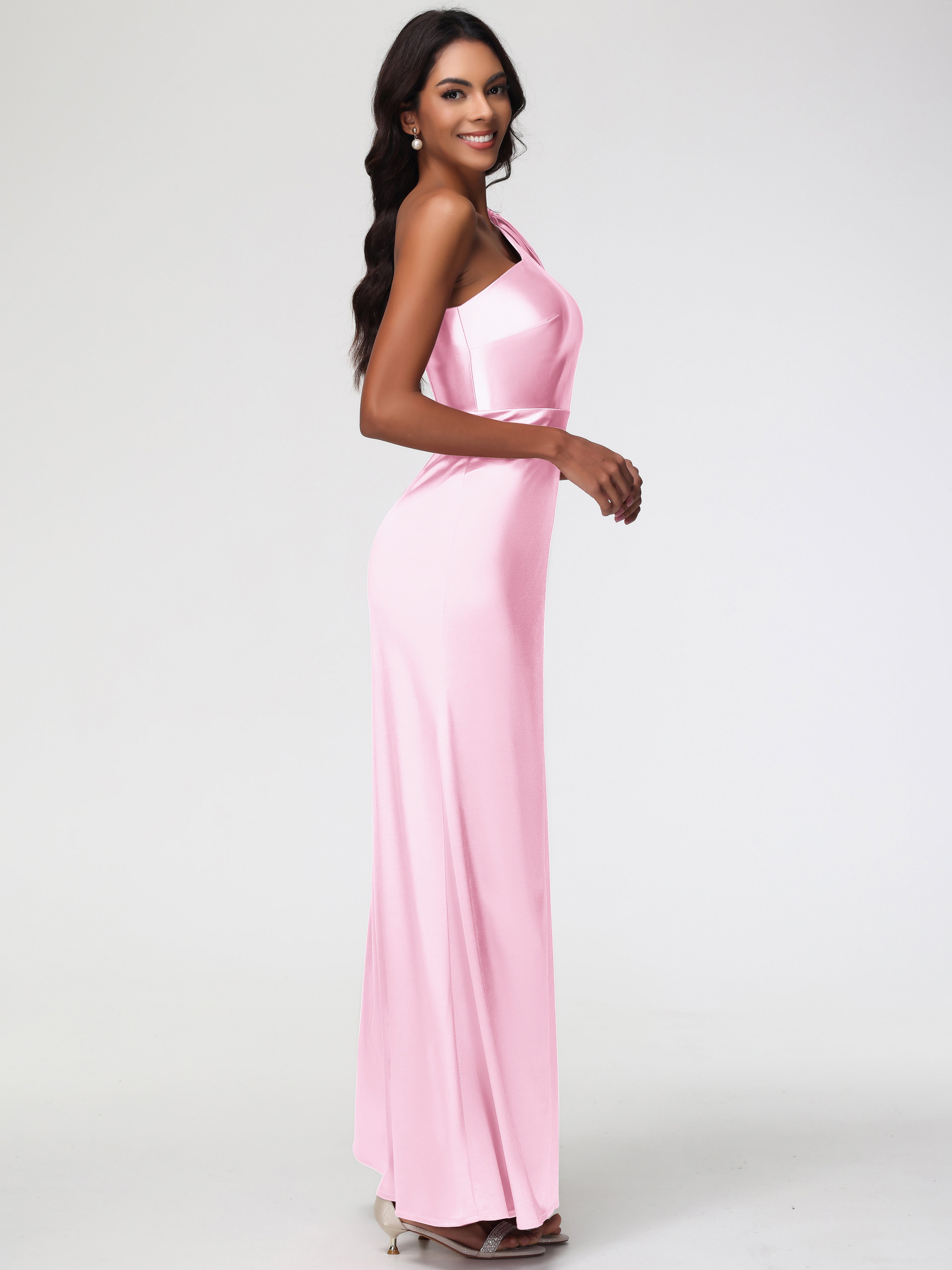 Robe Demoiselle Dhonneur Rose Pale Satin Extensible Seule-Épaule Robe Fourreau Demoiselle D Honneur