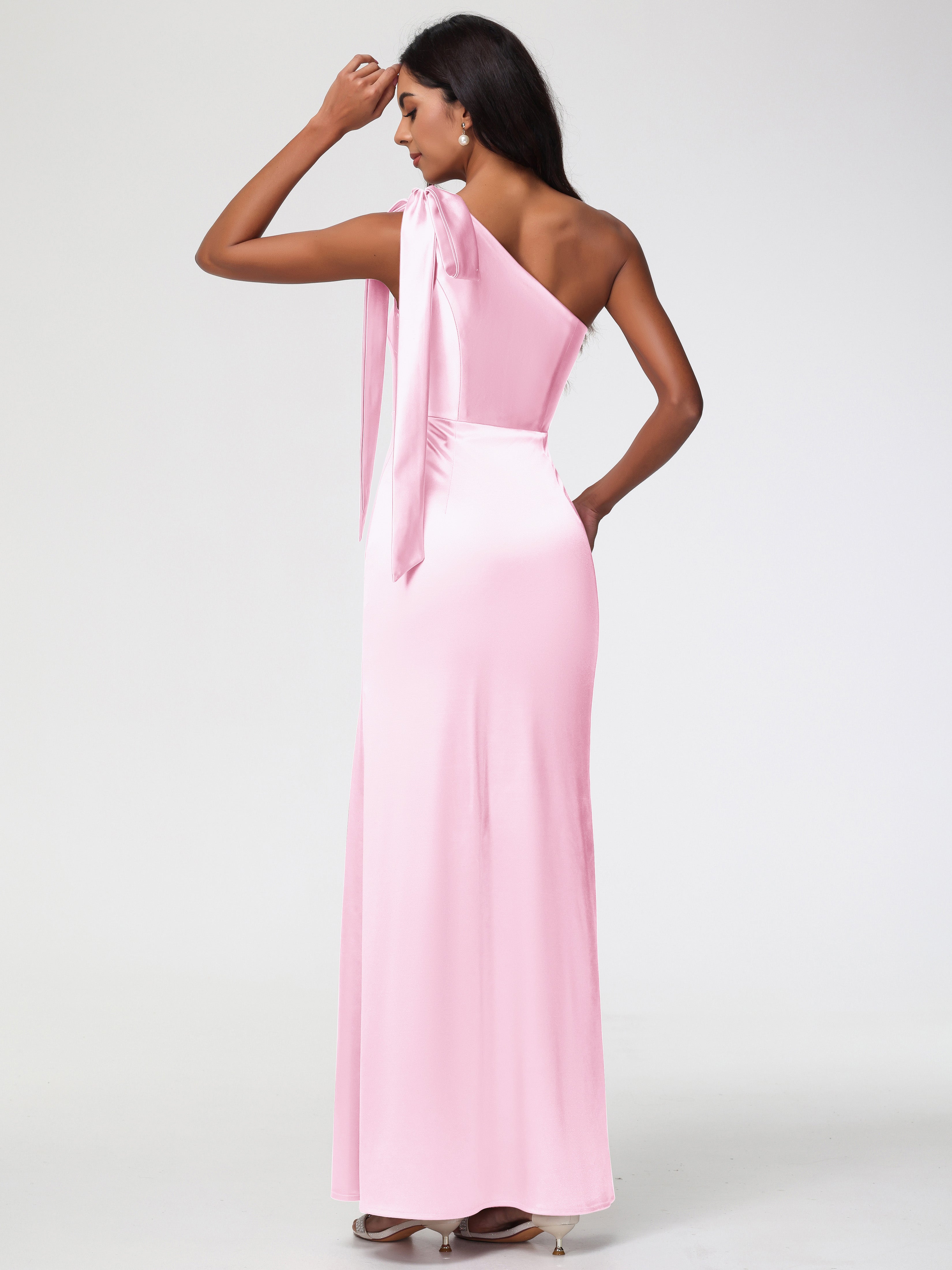 Robe Demoiselle Dhonneur Rose Pale Satin Extensible Seule-Épaule Robe Fourreau Demoiselle D Honneur