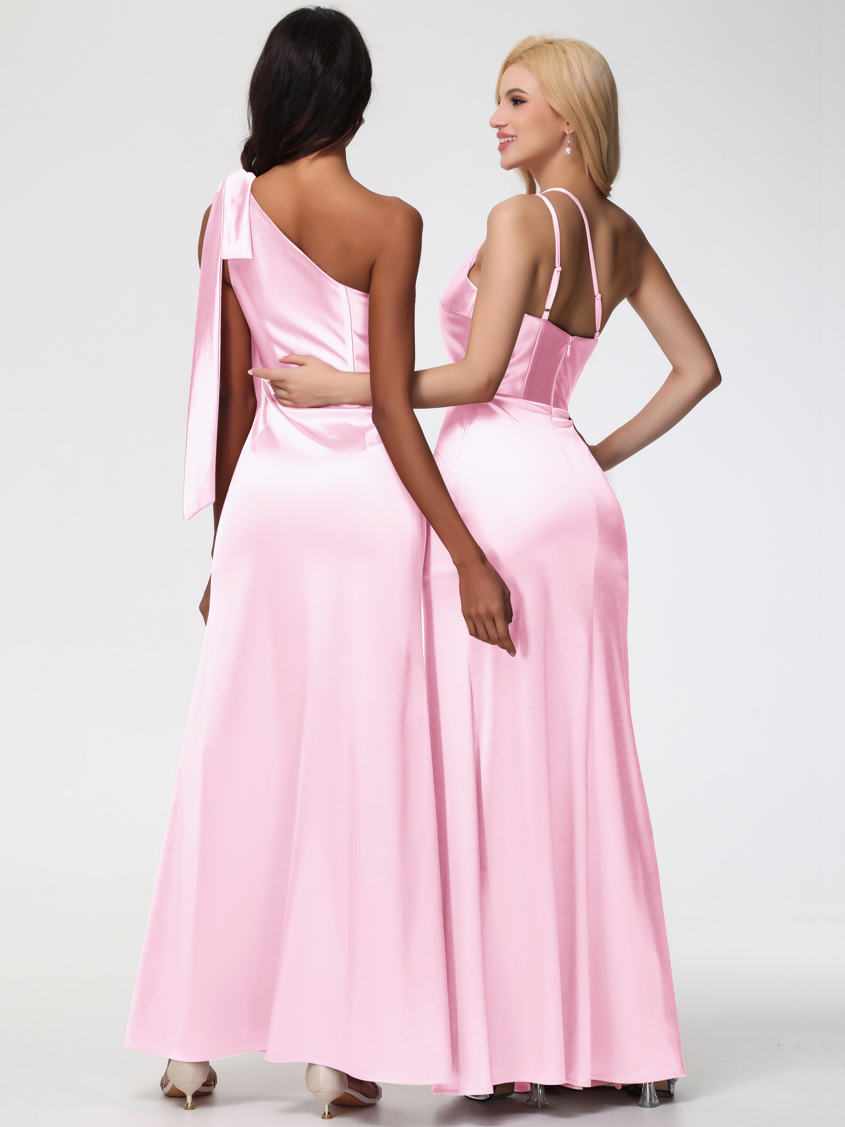 Robe Demoiselle Dhonneur Rose Pale Satin Extensible Seule-Épaule Robe Fourreau Demoiselle D Honneur