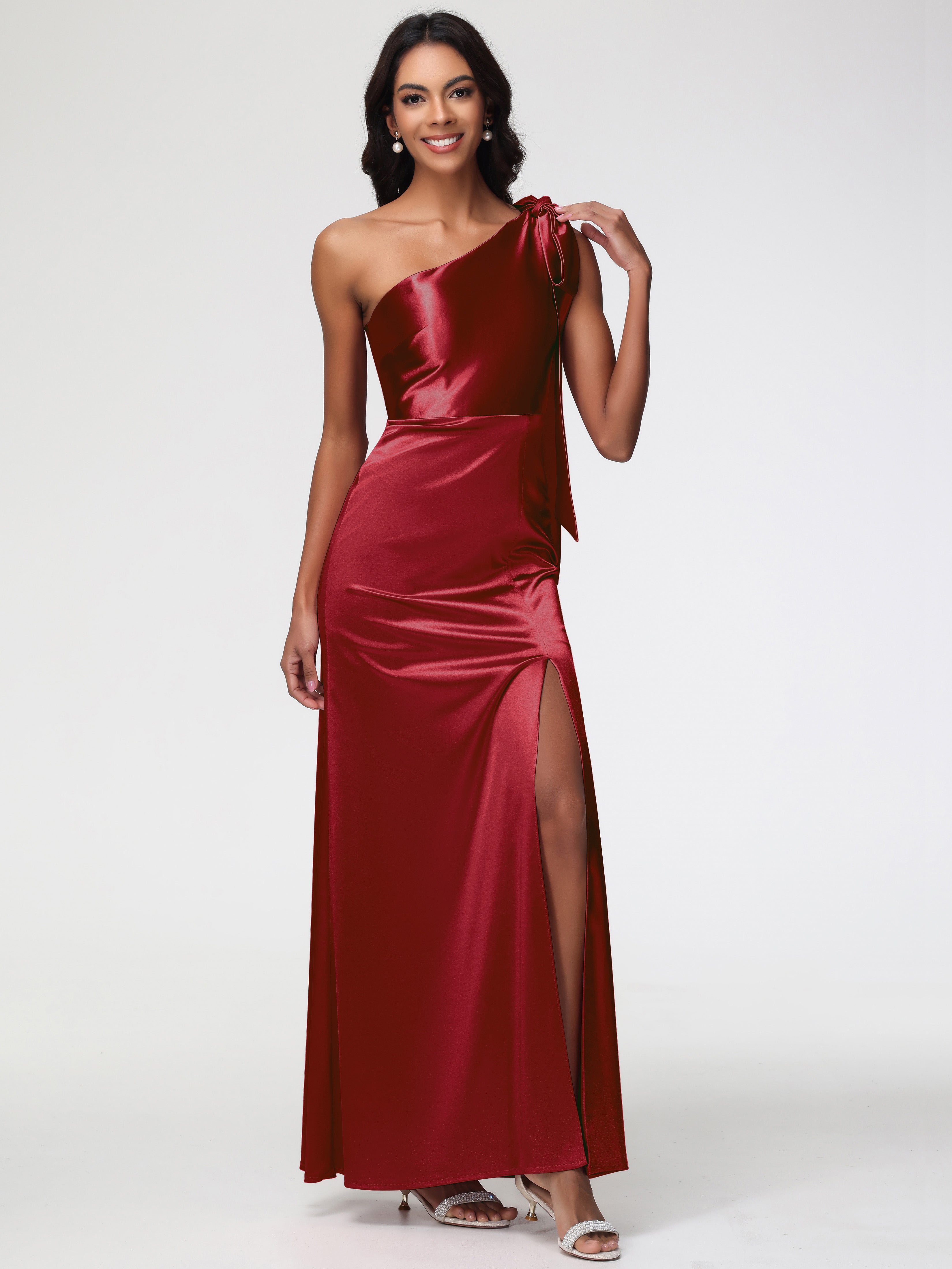 Robe Demoiselle D Honneur Rouge Bordeaux Satin Extensible Seule-Épaule Robe Fourreau Demoiselle D Honneur