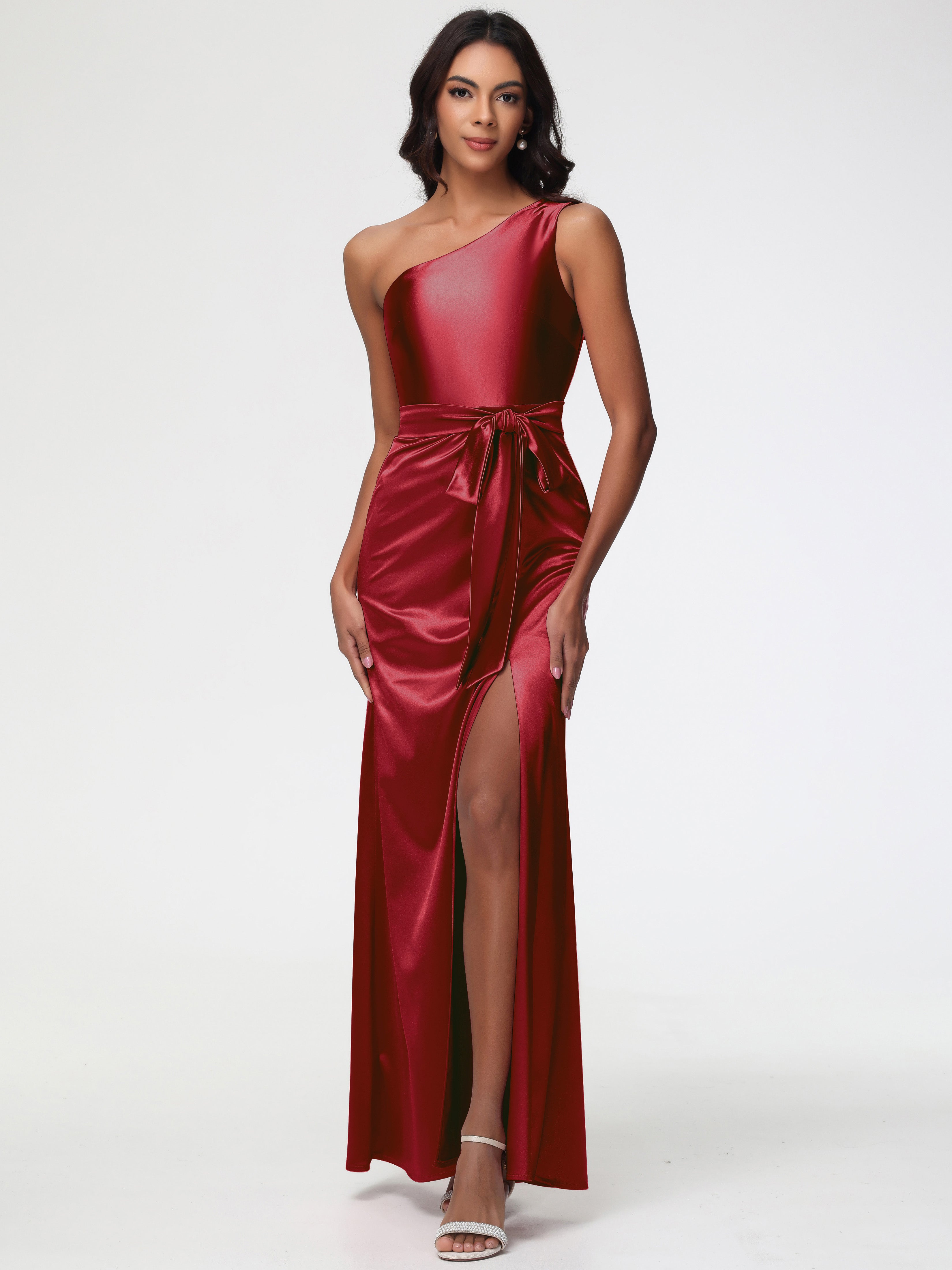 Robe Demoiselle D Honneur Rouge Bordeaux Satin Extensible Seule-Épaule Robe Fourreau Demoiselle D Honneur