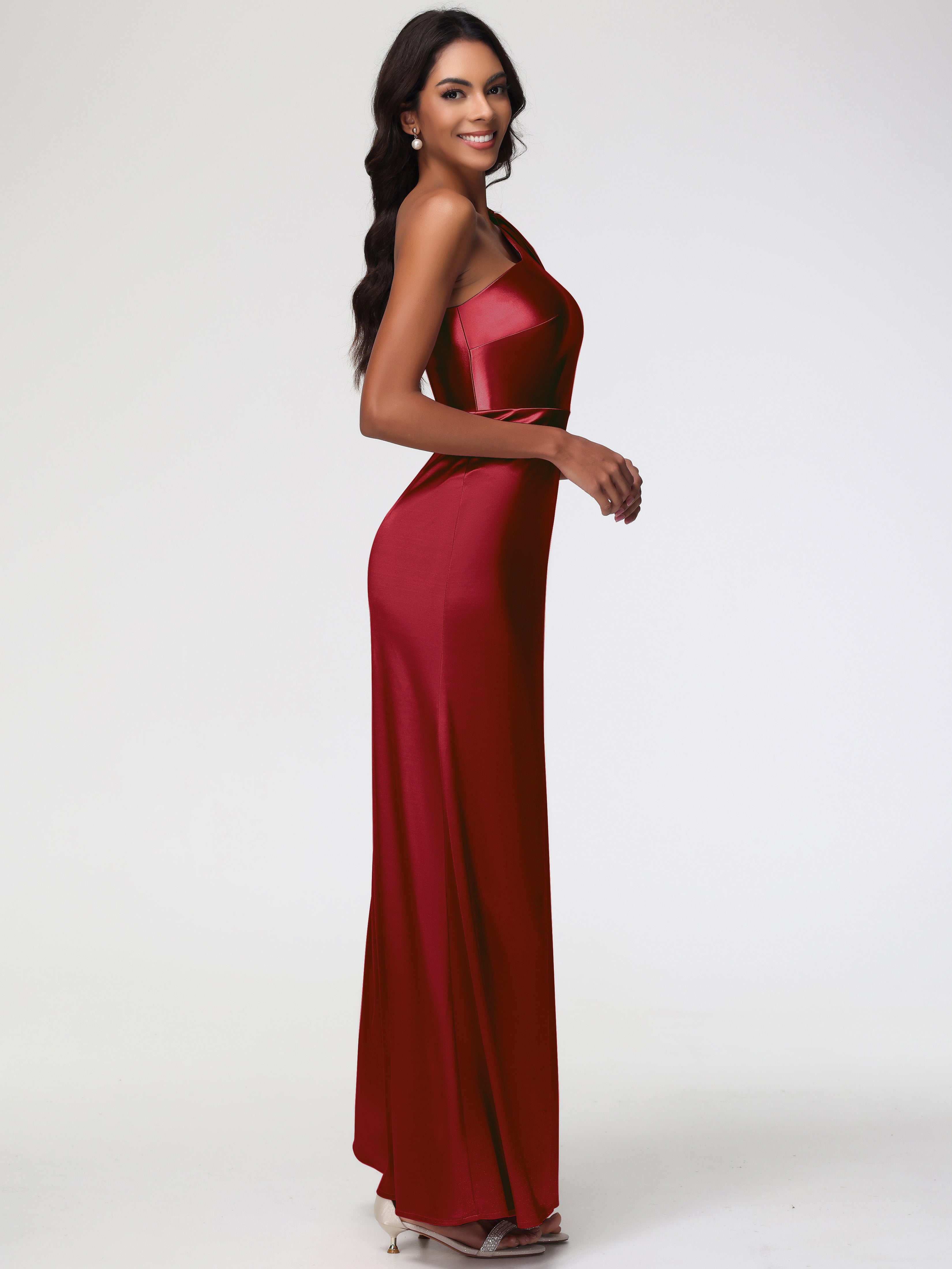 Robe Demoiselle D Honneur Rouge Bordeaux Satin Extensible Seule-Épaule Robe Fourreau Demoiselle D Honneur