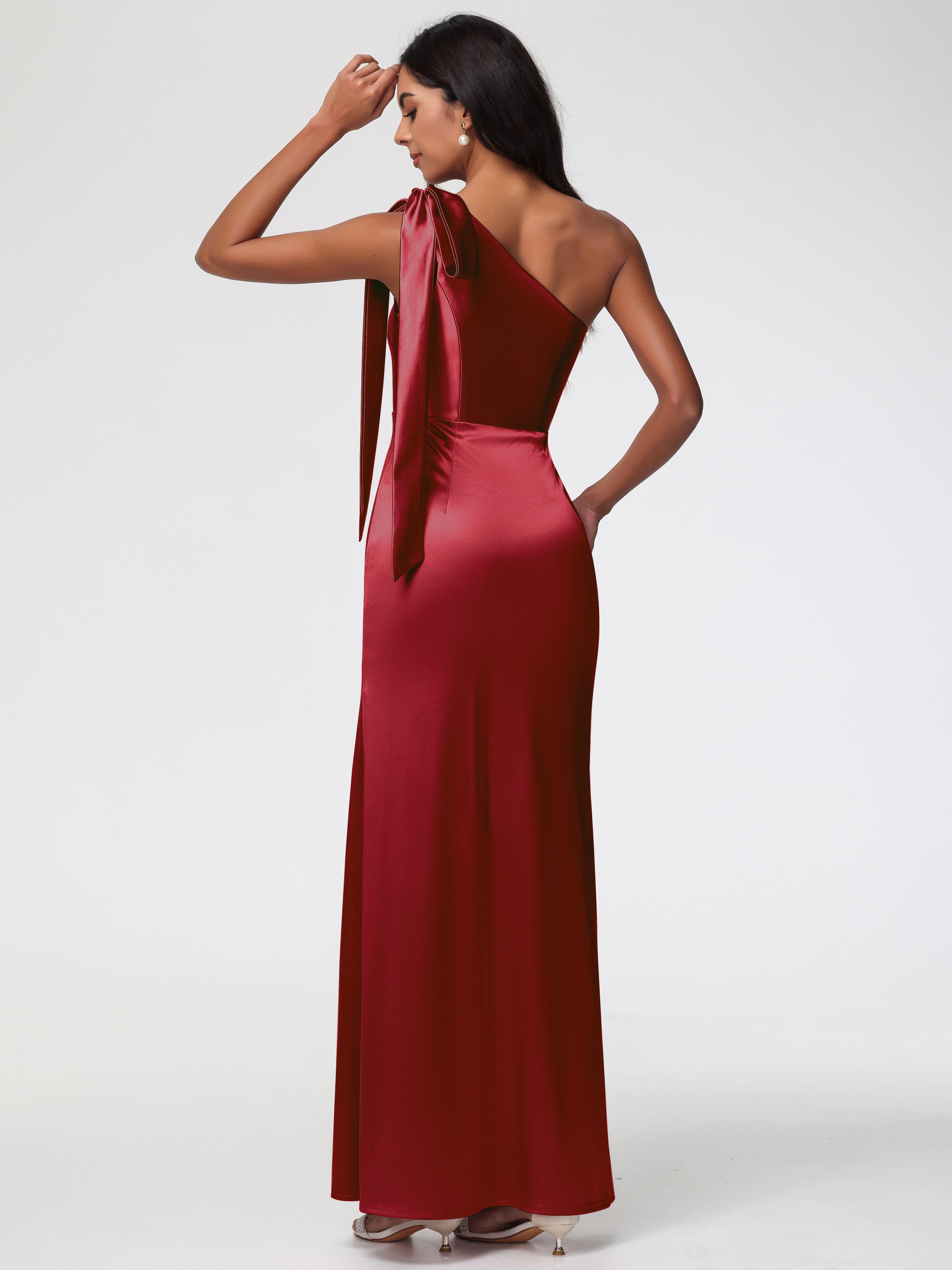 Robe Demoiselle D Honneur Rouge Bordeaux Satin Extensible Seule-Épaule Robe Fourreau Demoiselle D Honneur