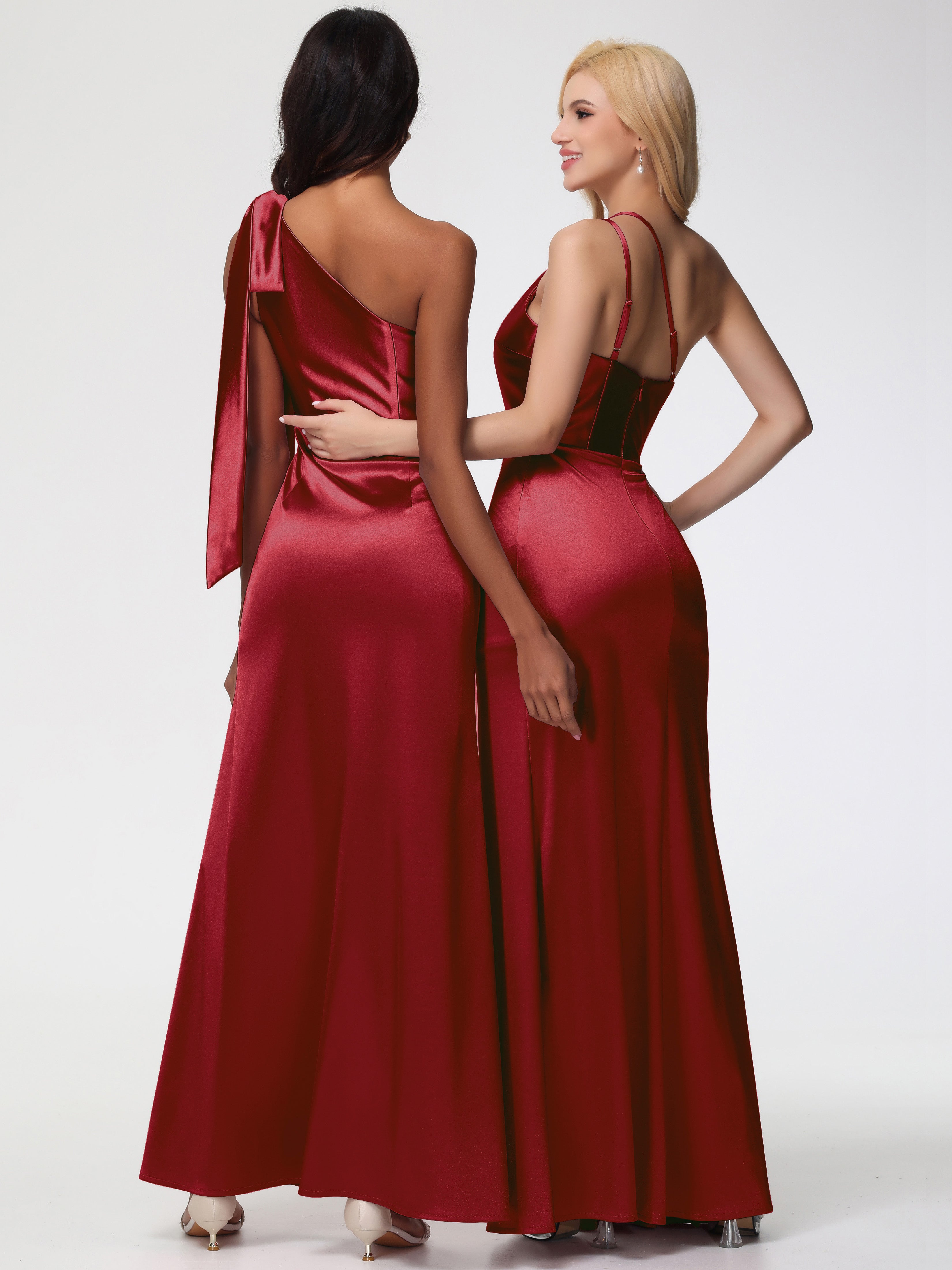 Robe Demoiselle D Honneur Rouge Bordeaux Satin Extensible Seule-Épaule Robe Fourreau Demoiselle D Honneur