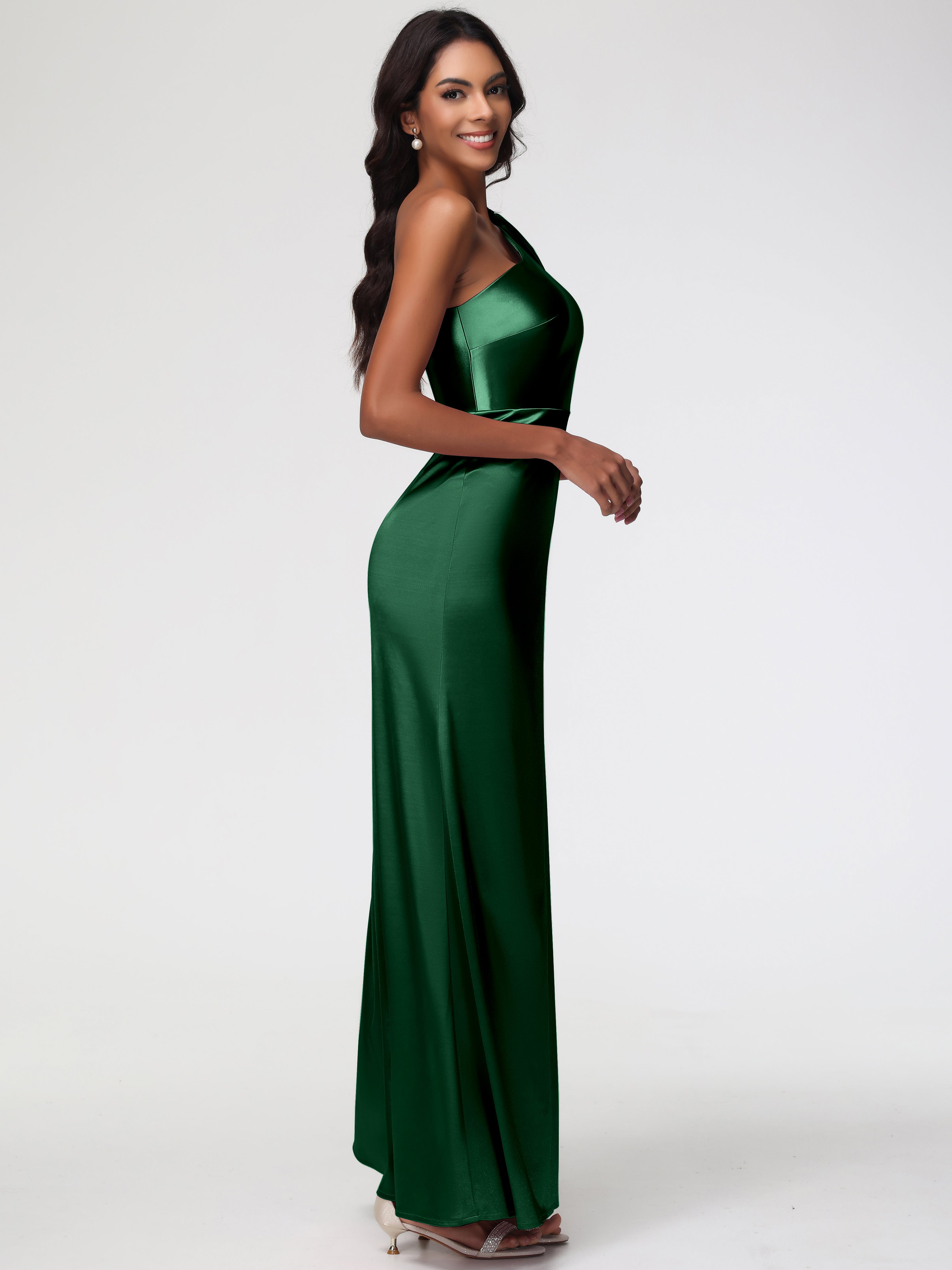 Robes De Demoiselle D'Honneur Vert Foncé Satin Extensible Seule-Épaule Robe Fourreau Demoiselle D Honneur