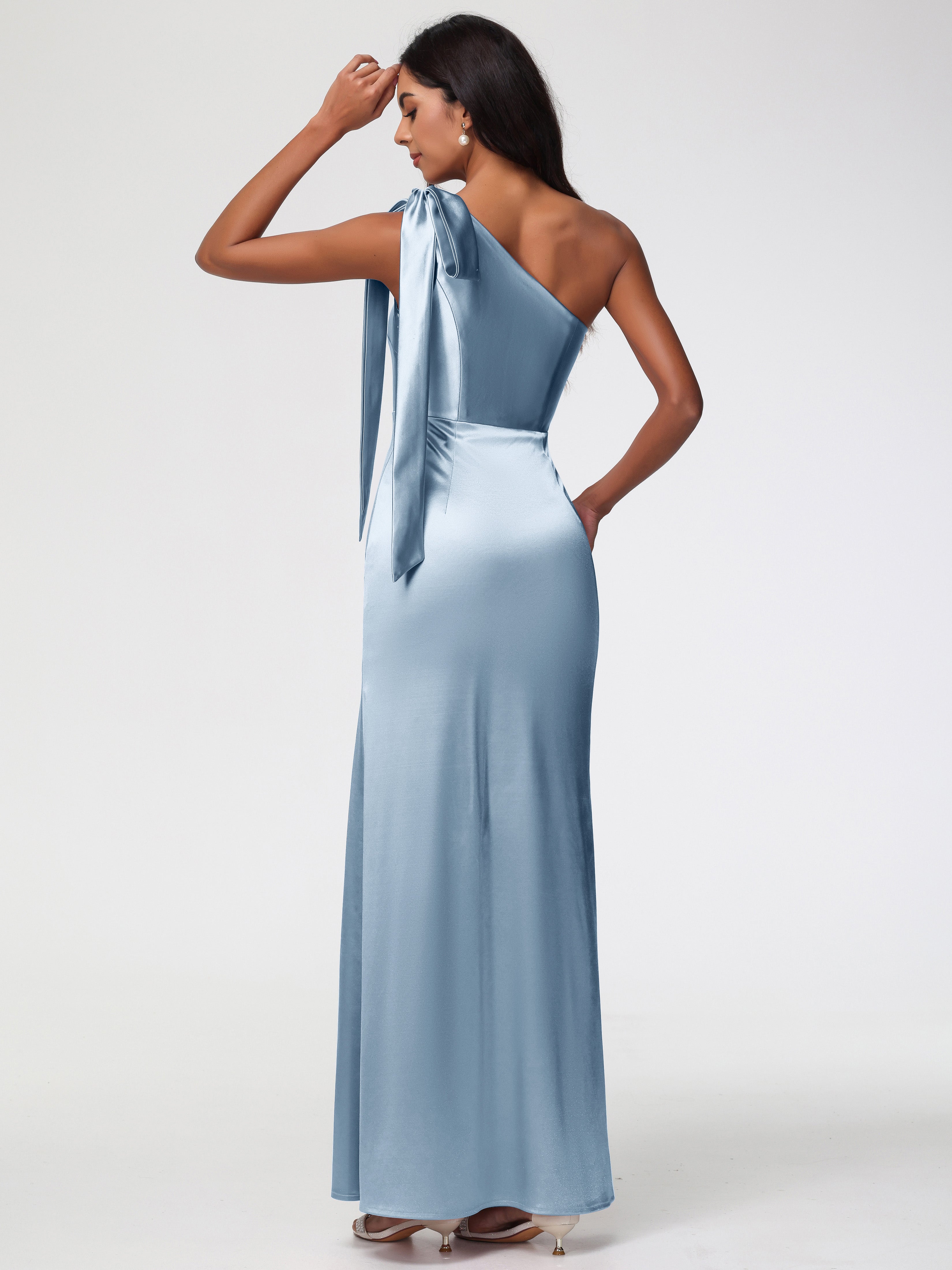 Robes De Demoiselle D'Honneur Bleu Poussiéreux Satin Extensible Seule-Épaule Robe Fourreau Demoiselle D Honneur