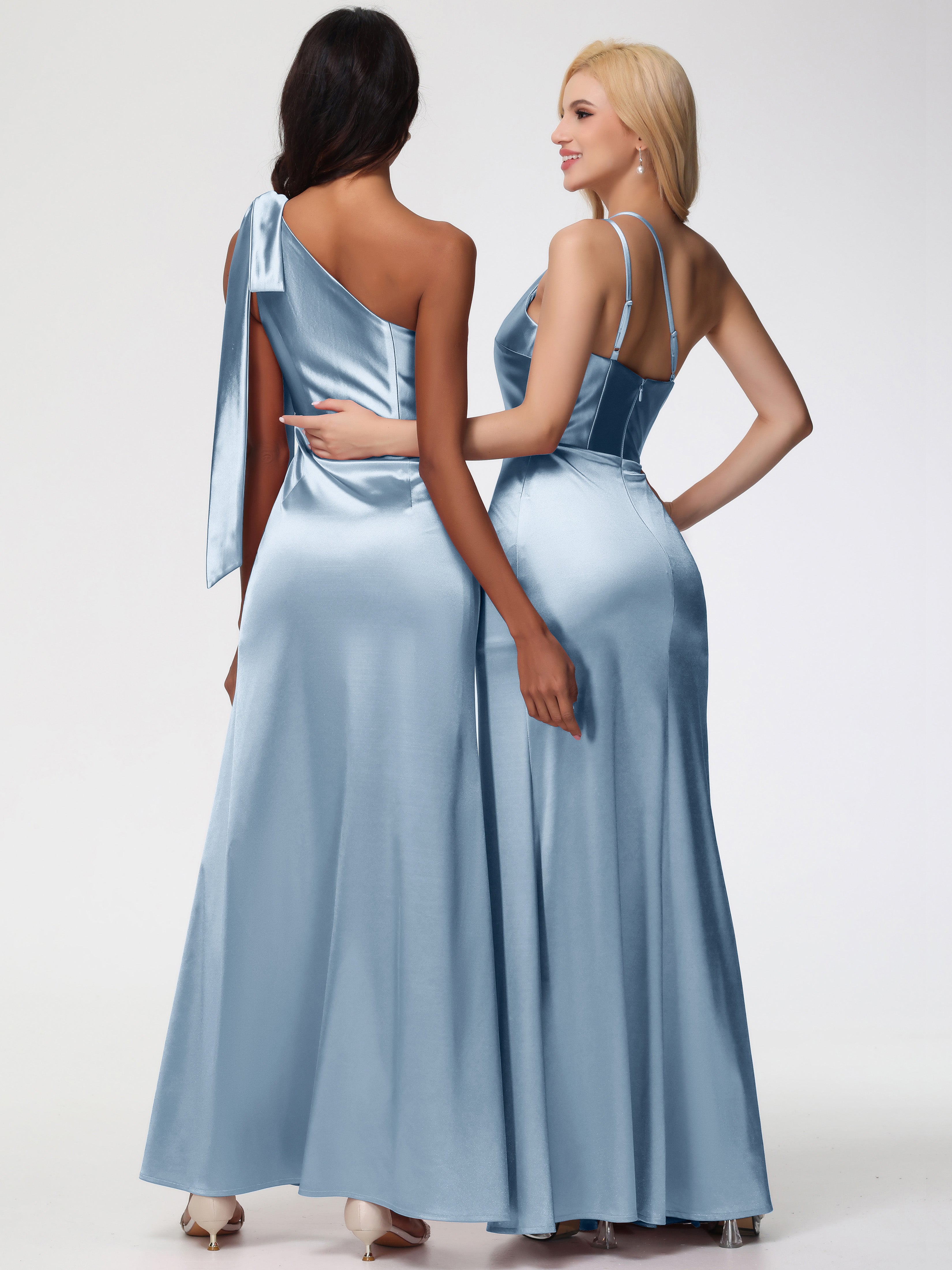 Robes De Demoiselle D'Honneur Bleu Poussiéreux Satin Extensible Seule-Épaule Robe Fourreau Demoiselle D Honneur