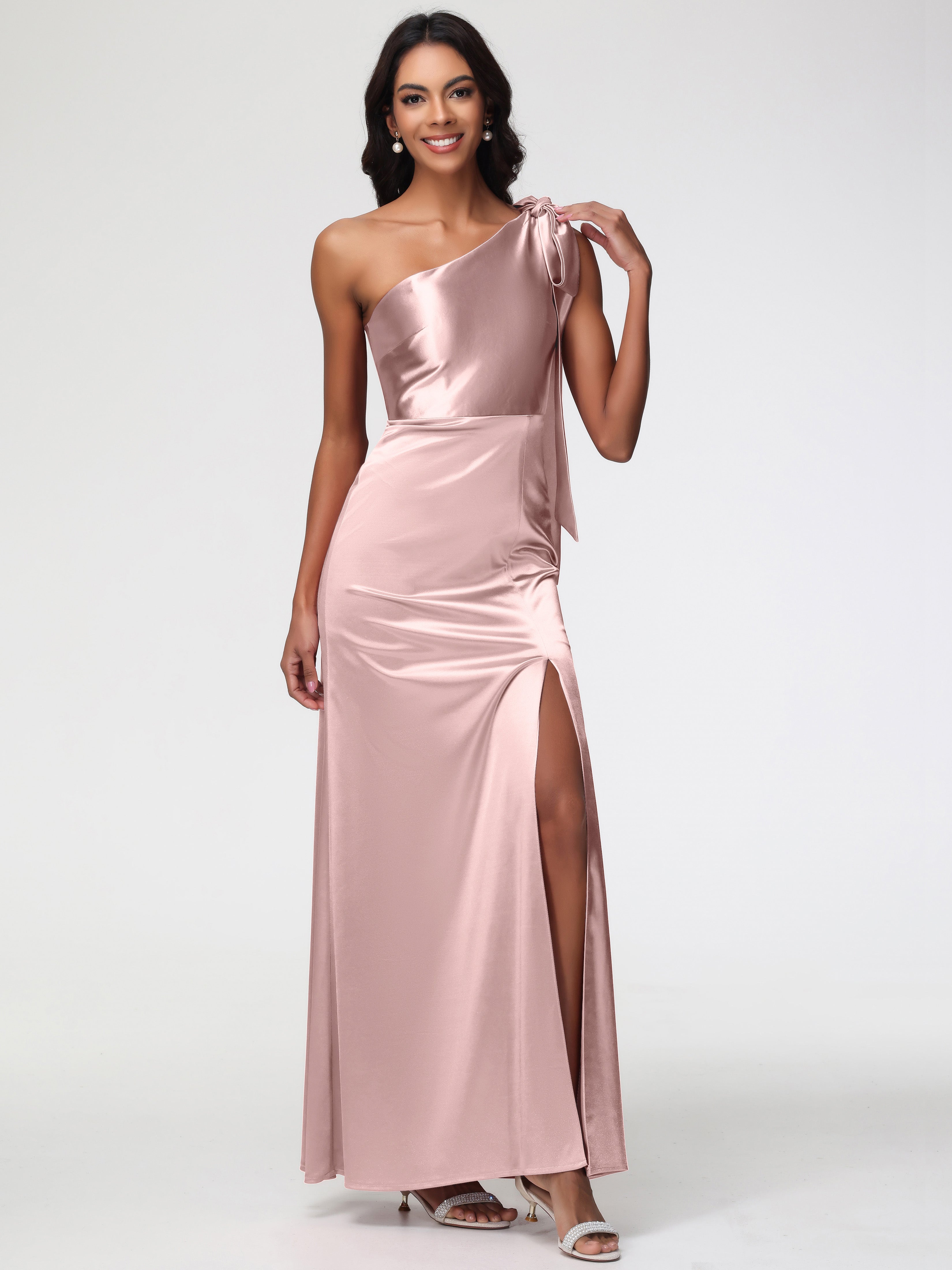 Robe Demoiselle D Honneur Rose Poudrée Satin Extensible Seule-Épaule Robe Fourreau Demoiselle D Honneur