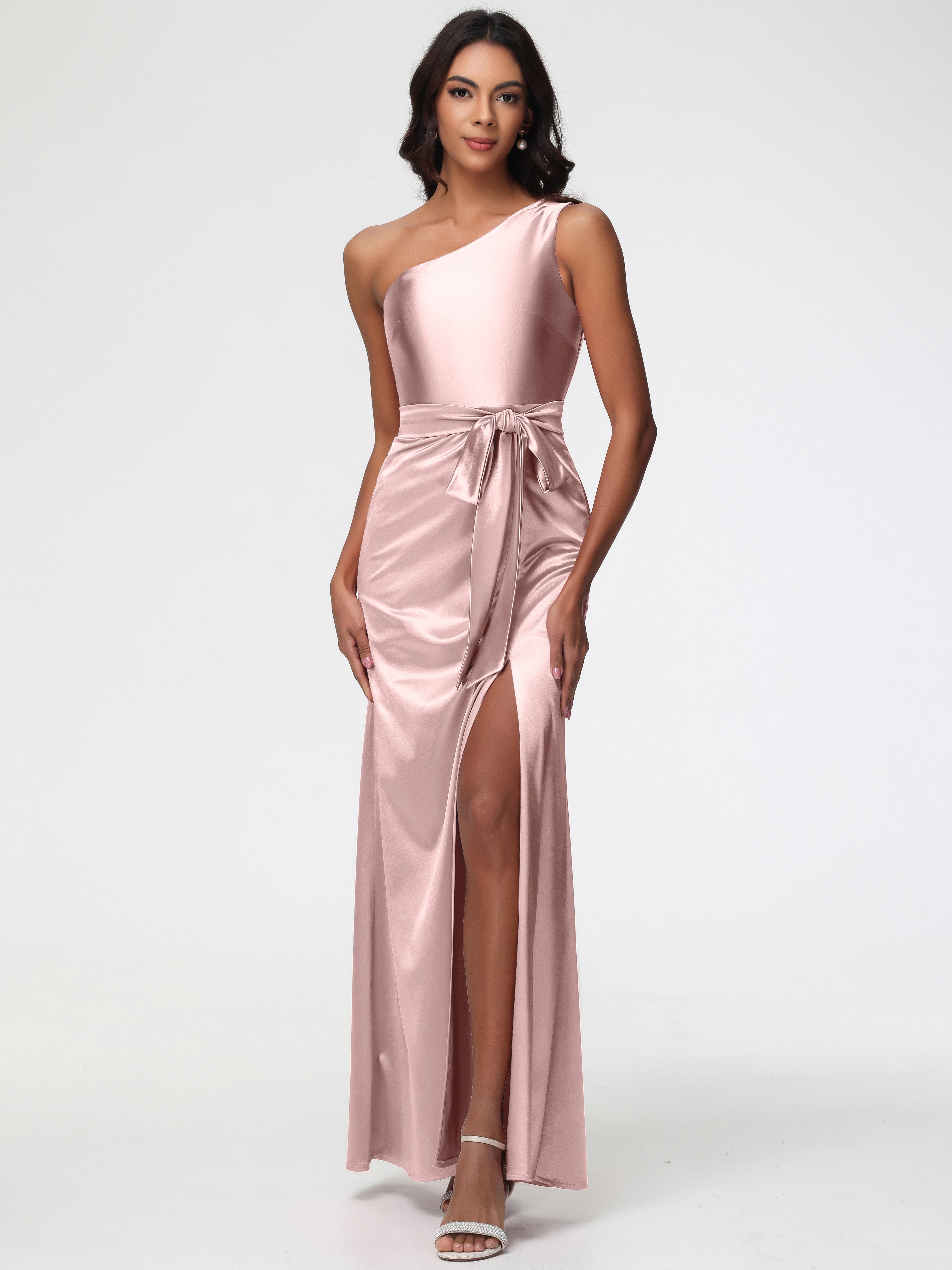 Robe Demoiselle D Honneur Rose Poudrée Satin Extensible Seule-Épaule Robe Fourreau Demoiselle D Honneur