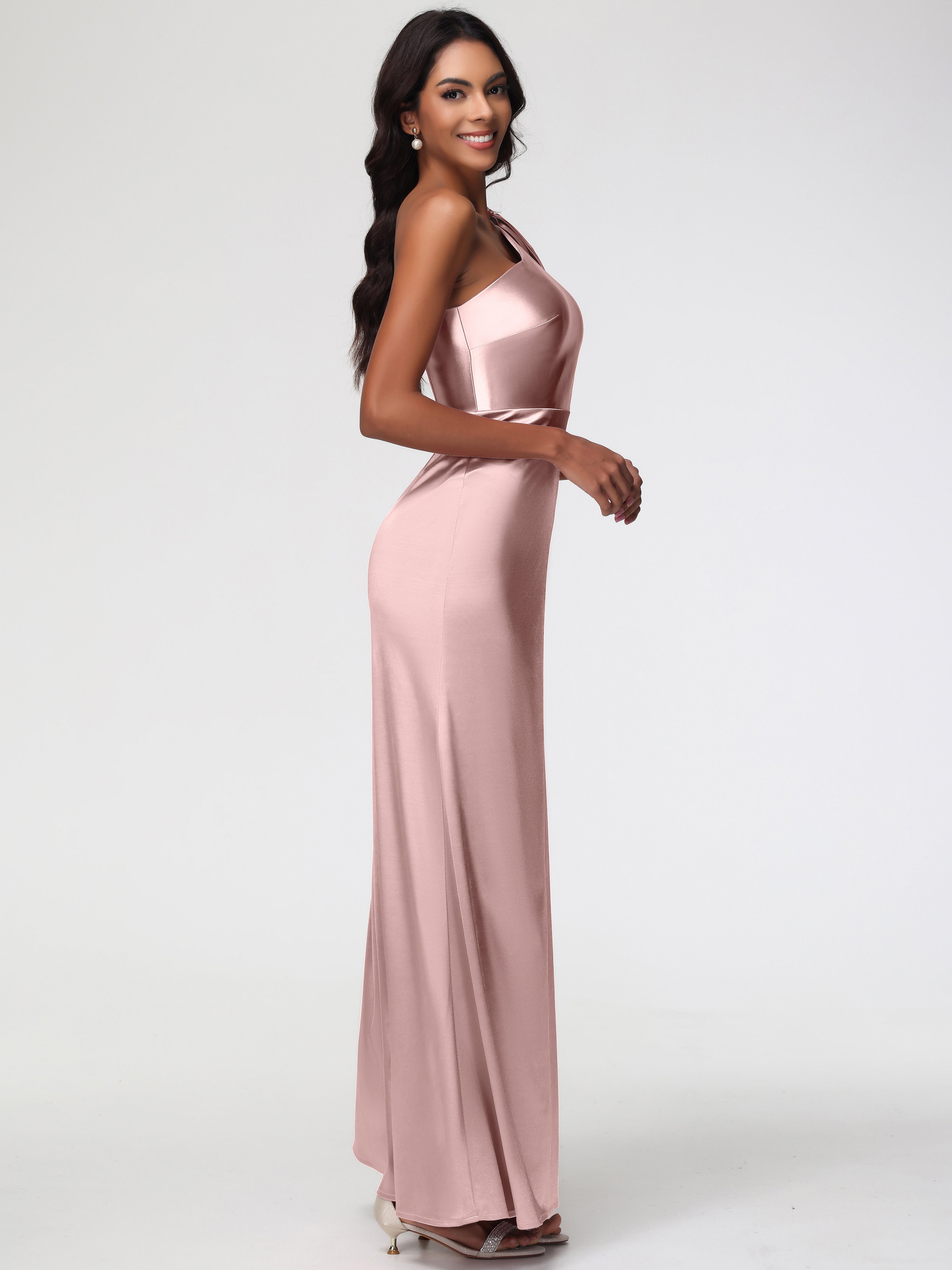 Robe Demoiselle D Honneur Rose Poudrée Satin Extensible Seule-Épaule Robe Fourreau Demoiselle D Honneur
