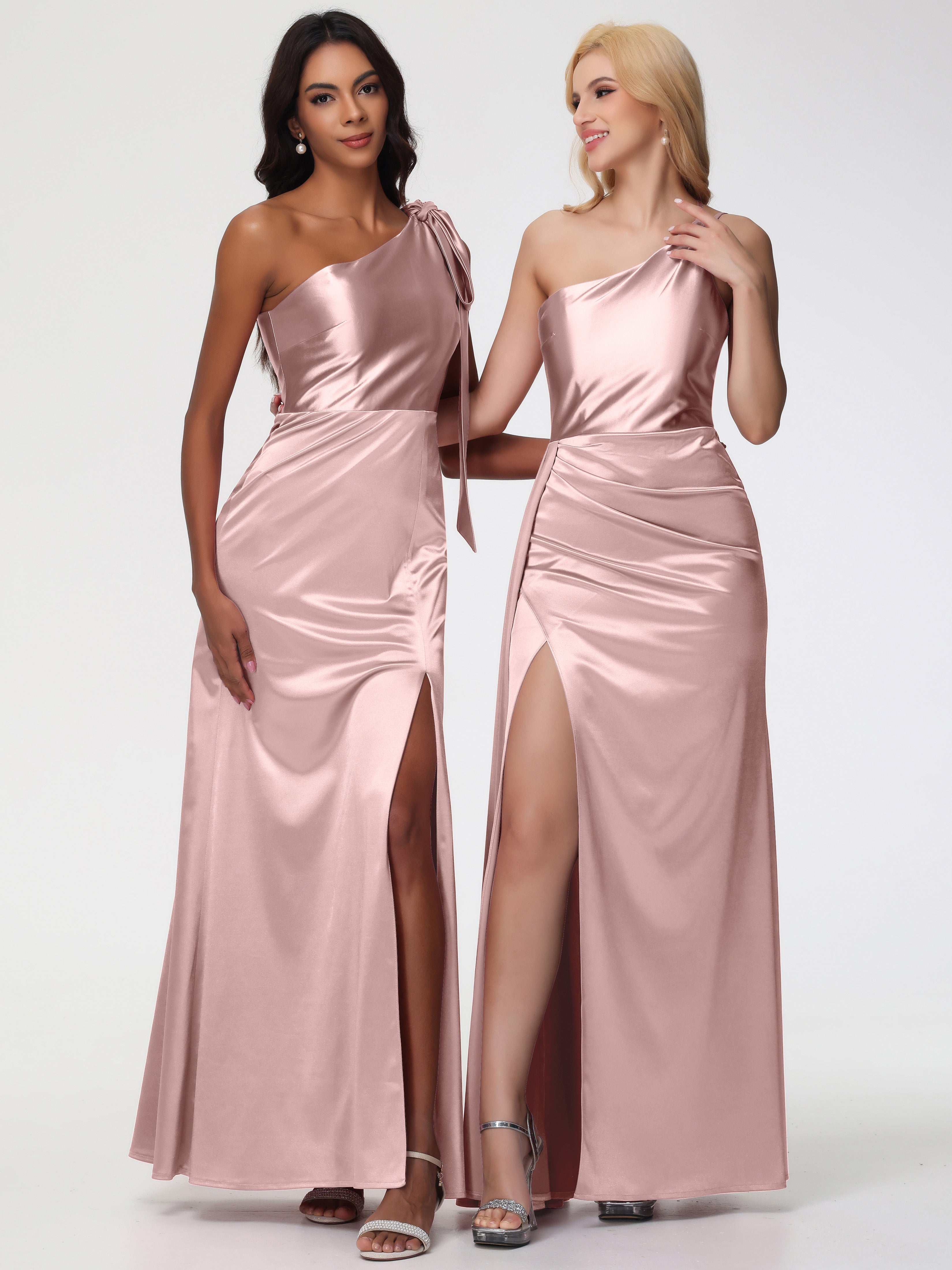Robe Demoiselle D Honneur Rose Poudrée Satin Extensible Seule-Épaule Robe Fourreau Demoiselle D Honneur